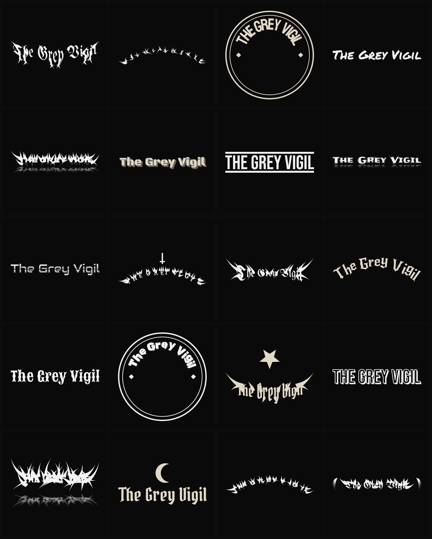 Twenty The Grey Vigil band logo ideas — different faces, treatments and spike settings