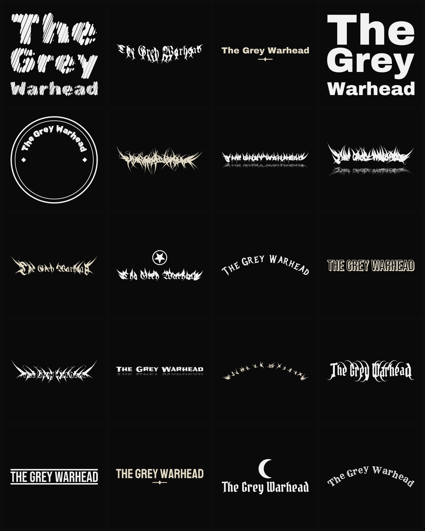 Twenty The Grey Warhead band logo ideas — different faces, treatments and spike settings