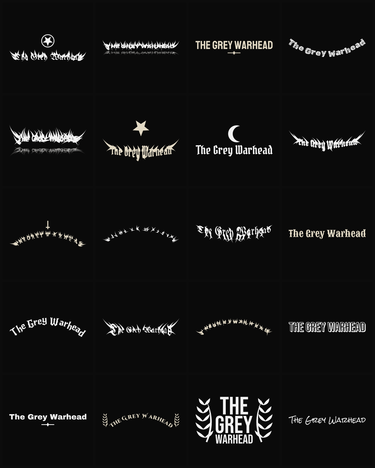 Twenty The Grey Warhead band logo ideas — different faces, treatments and spike settings
