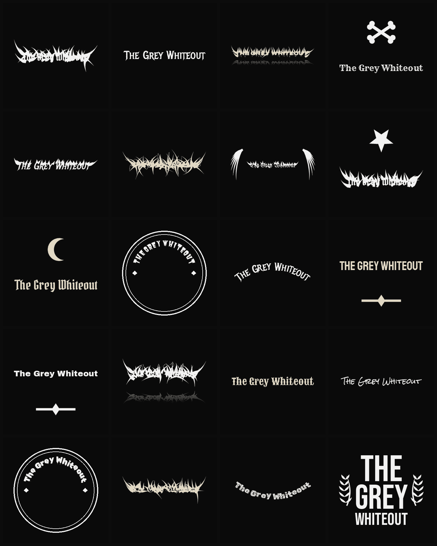 Twenty The Grey Whiteout band logo ideas — different faces, treatments and spike settings