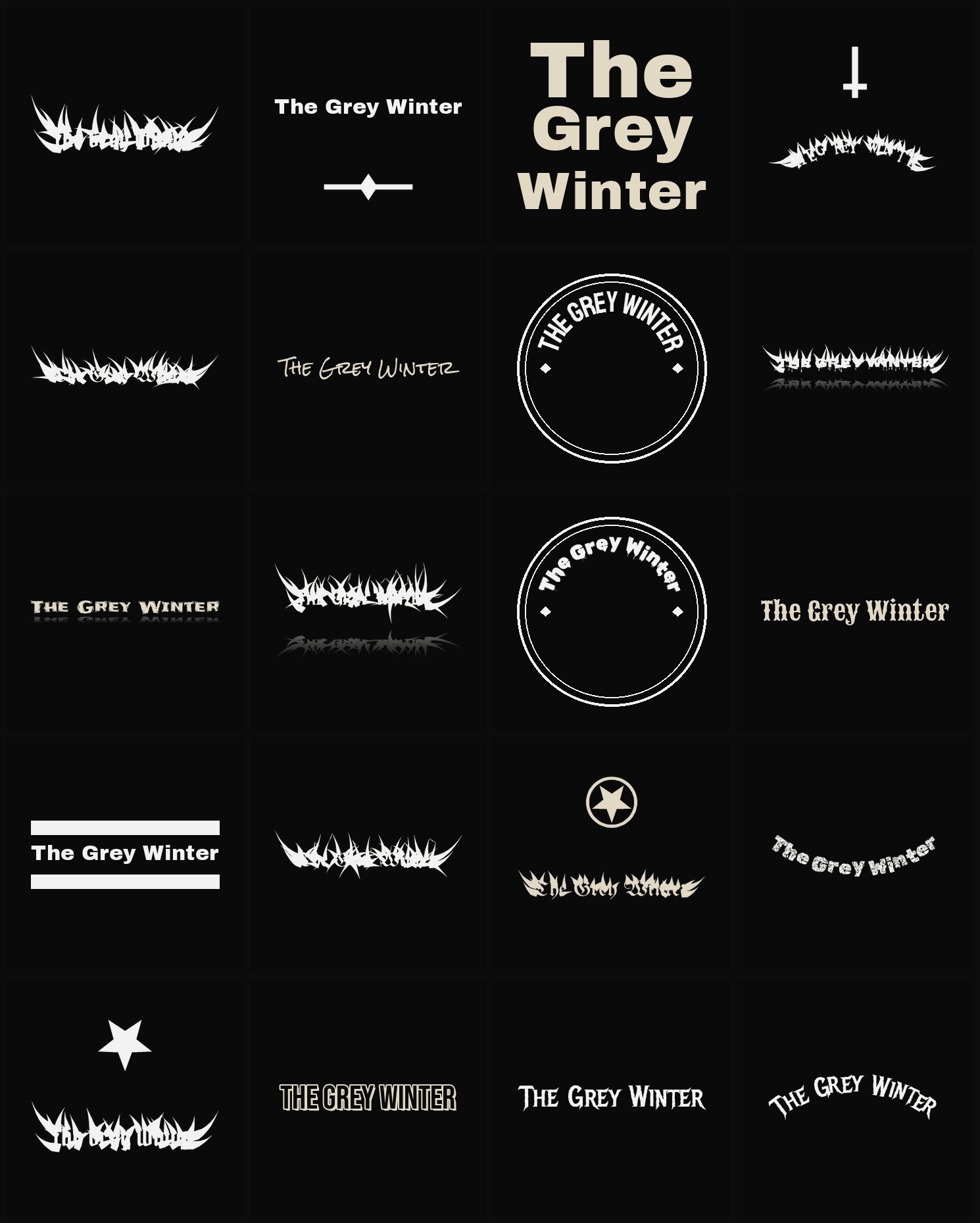 Twenty The Grey Winter band logo ideas — different faces, treatments and spike settings