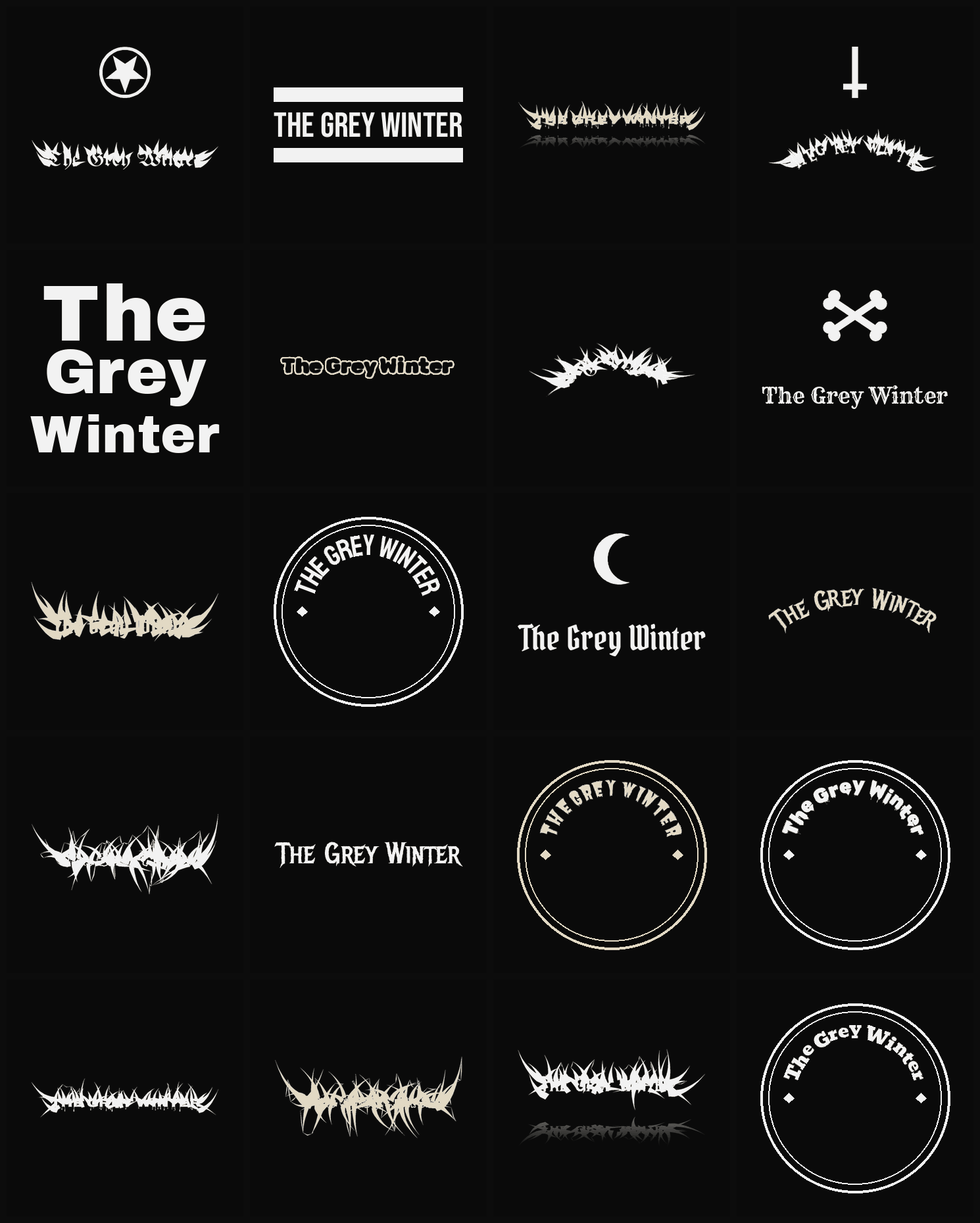 Twenty The Grey Winter band logo ideas — different faces, treatments and spike settings