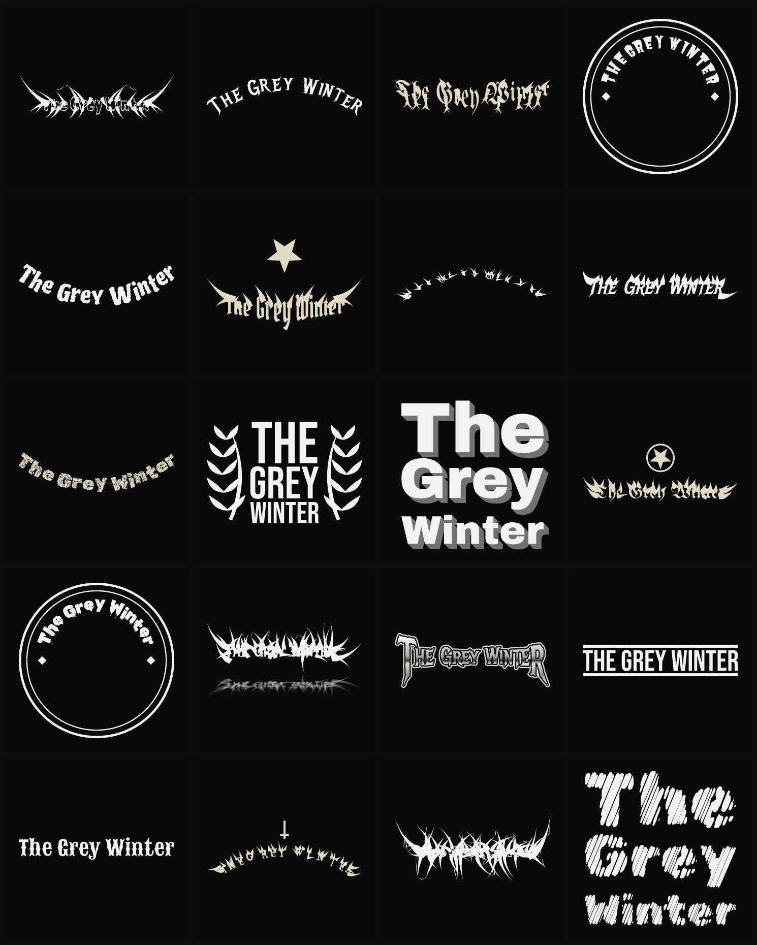 Twenty The Grey Winter band logo ideas — different faces, treatments and spike settings