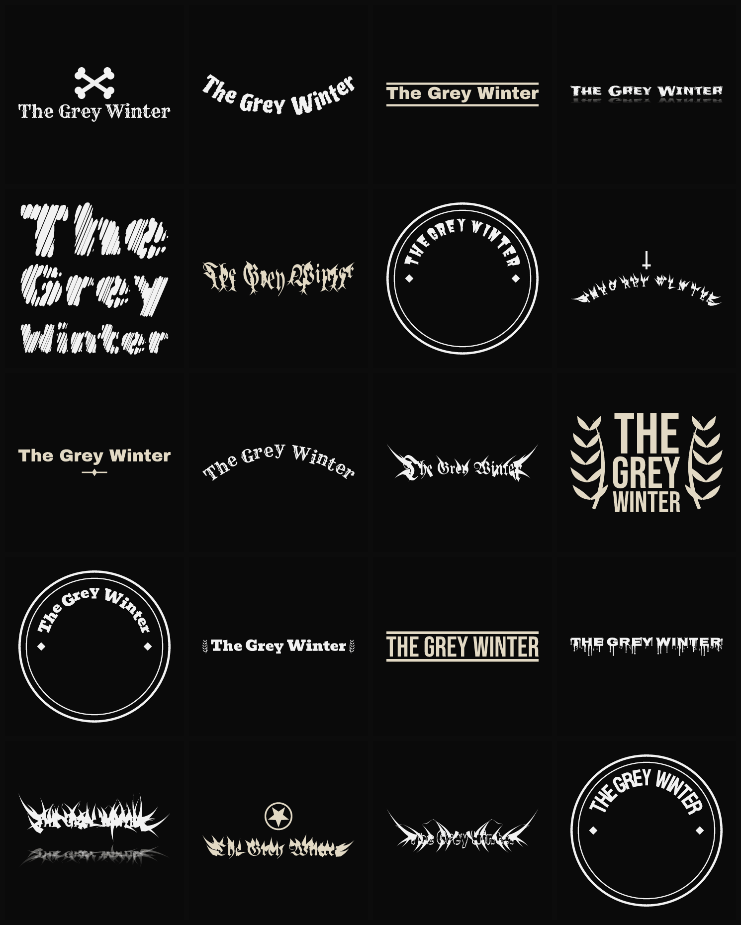 Twenty The Grey Winter band logo ideas — different faces, treatments and spike settings