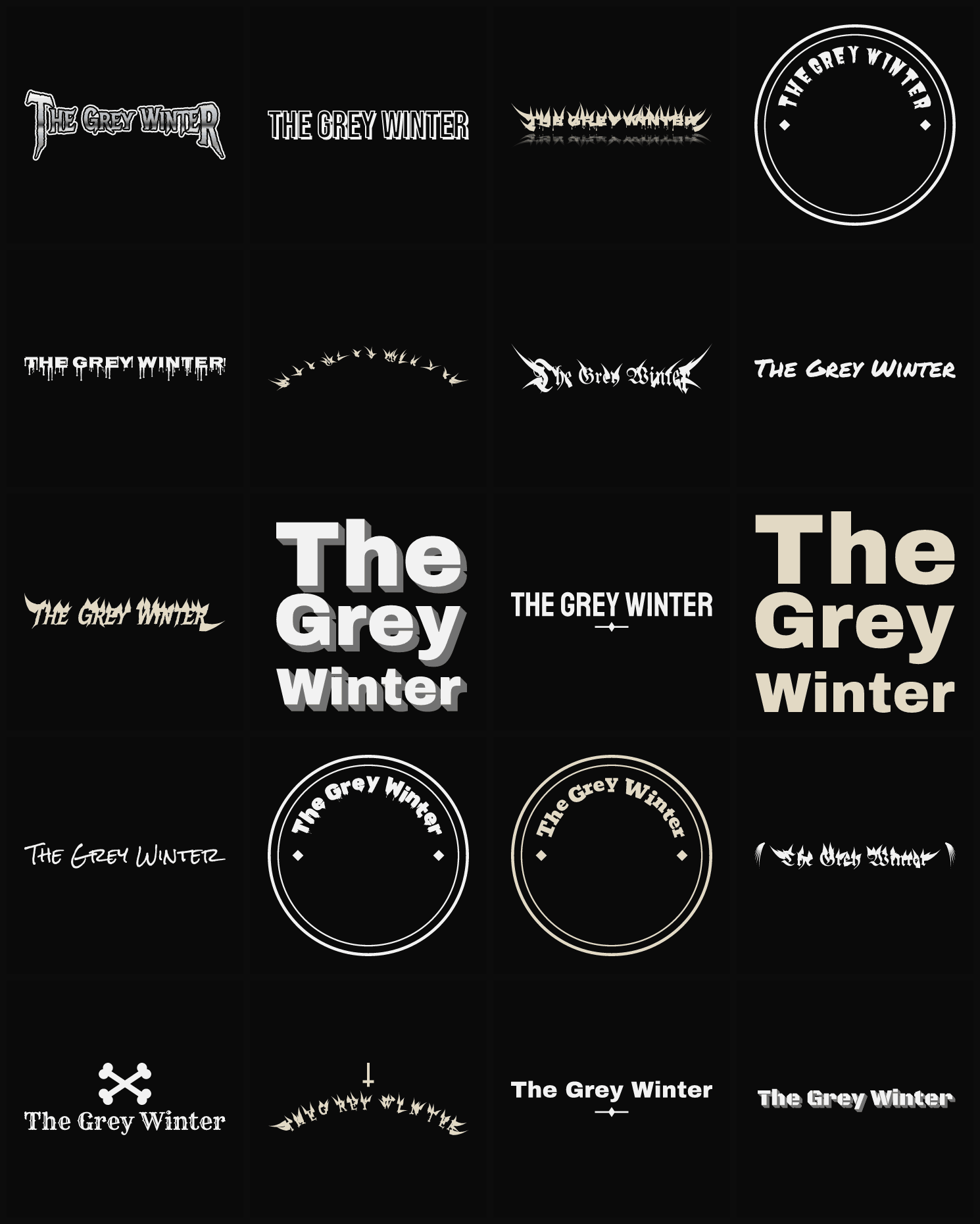 Twenty The Grey Winter band logo ideas — different faces, treatments and spike settings
