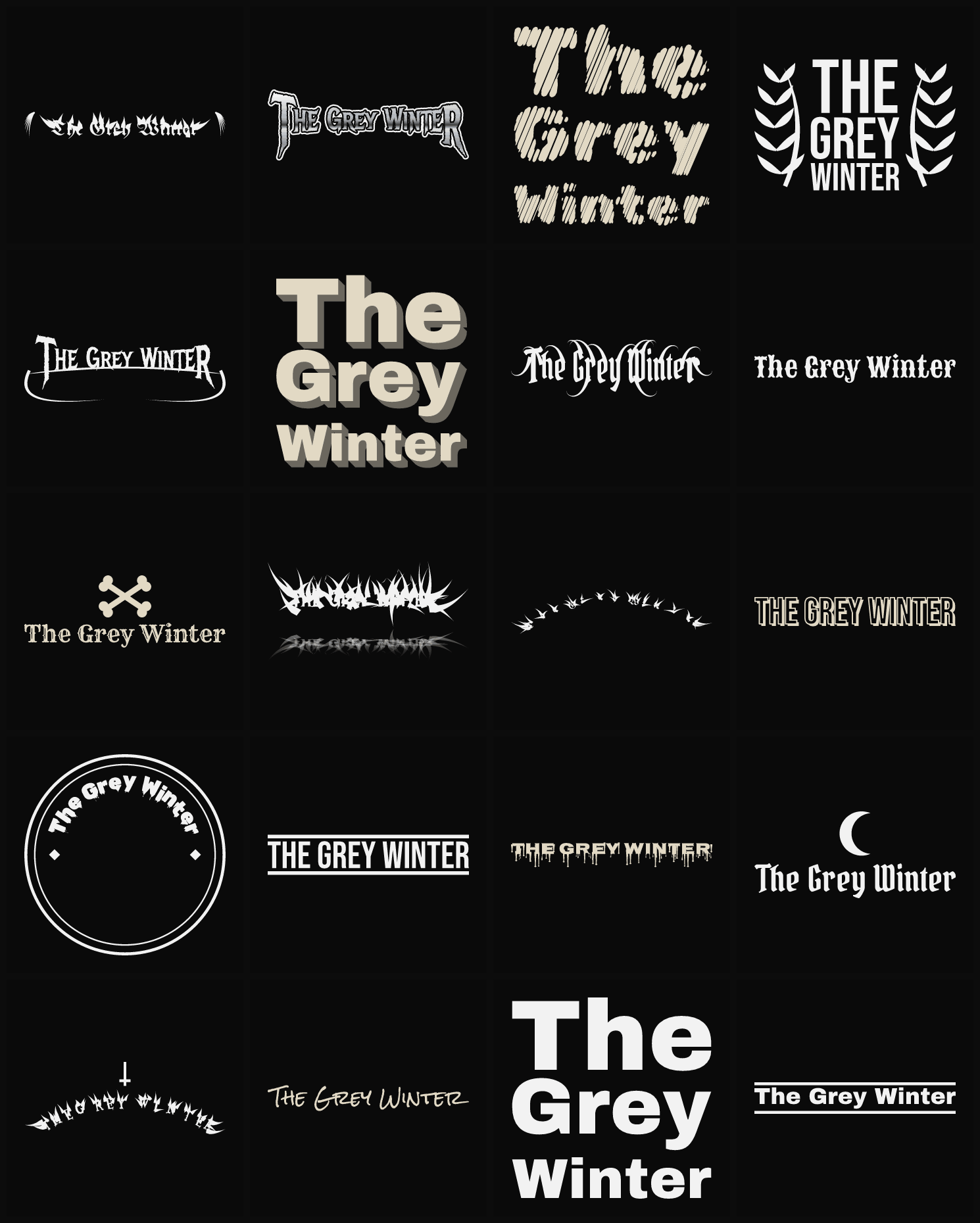 Twenty The Grey Winter band logo ideas — different faces, treatments and spike settings