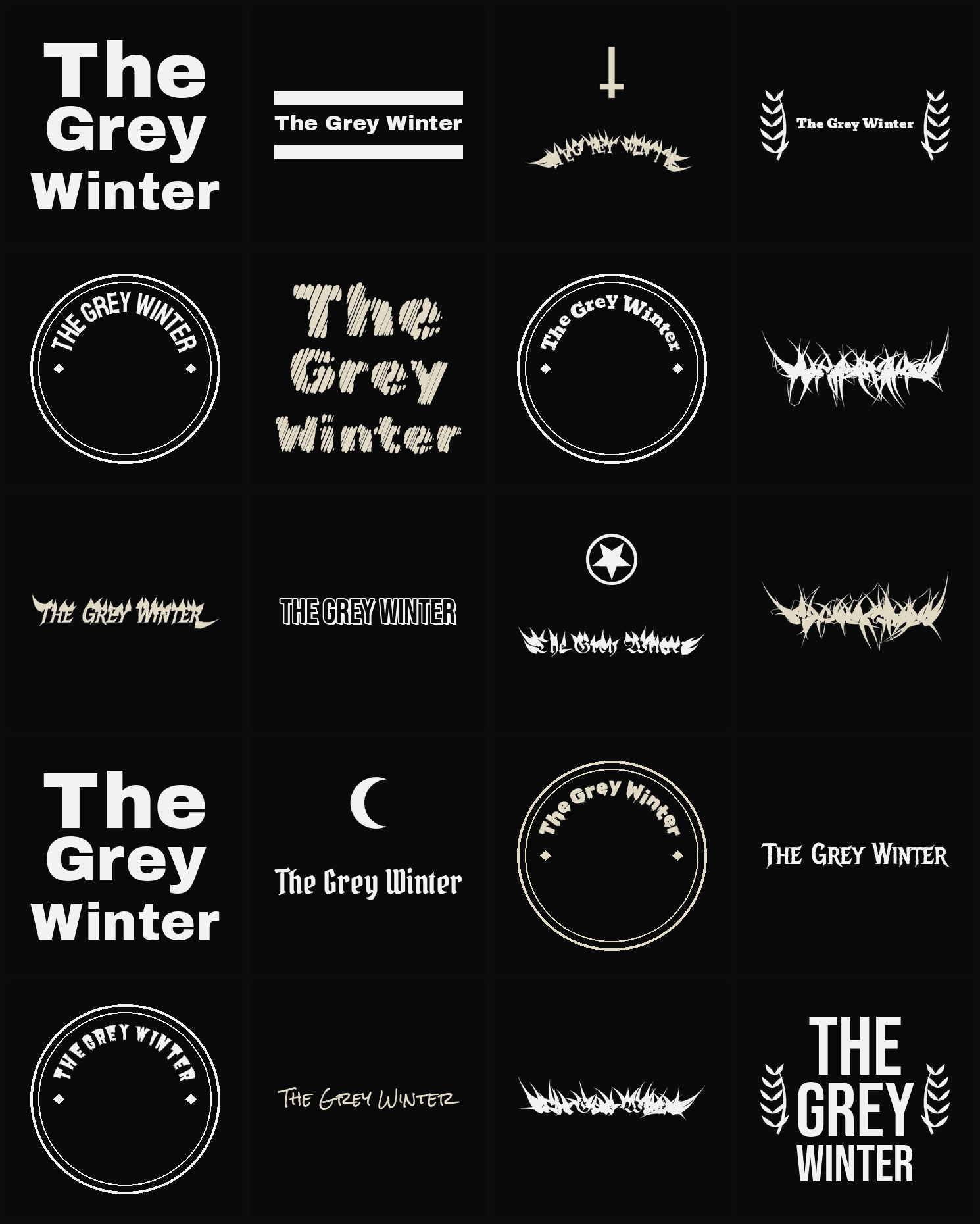 Twenty The Grey Winter band logo ideas — different faces, treatments and spike settings
