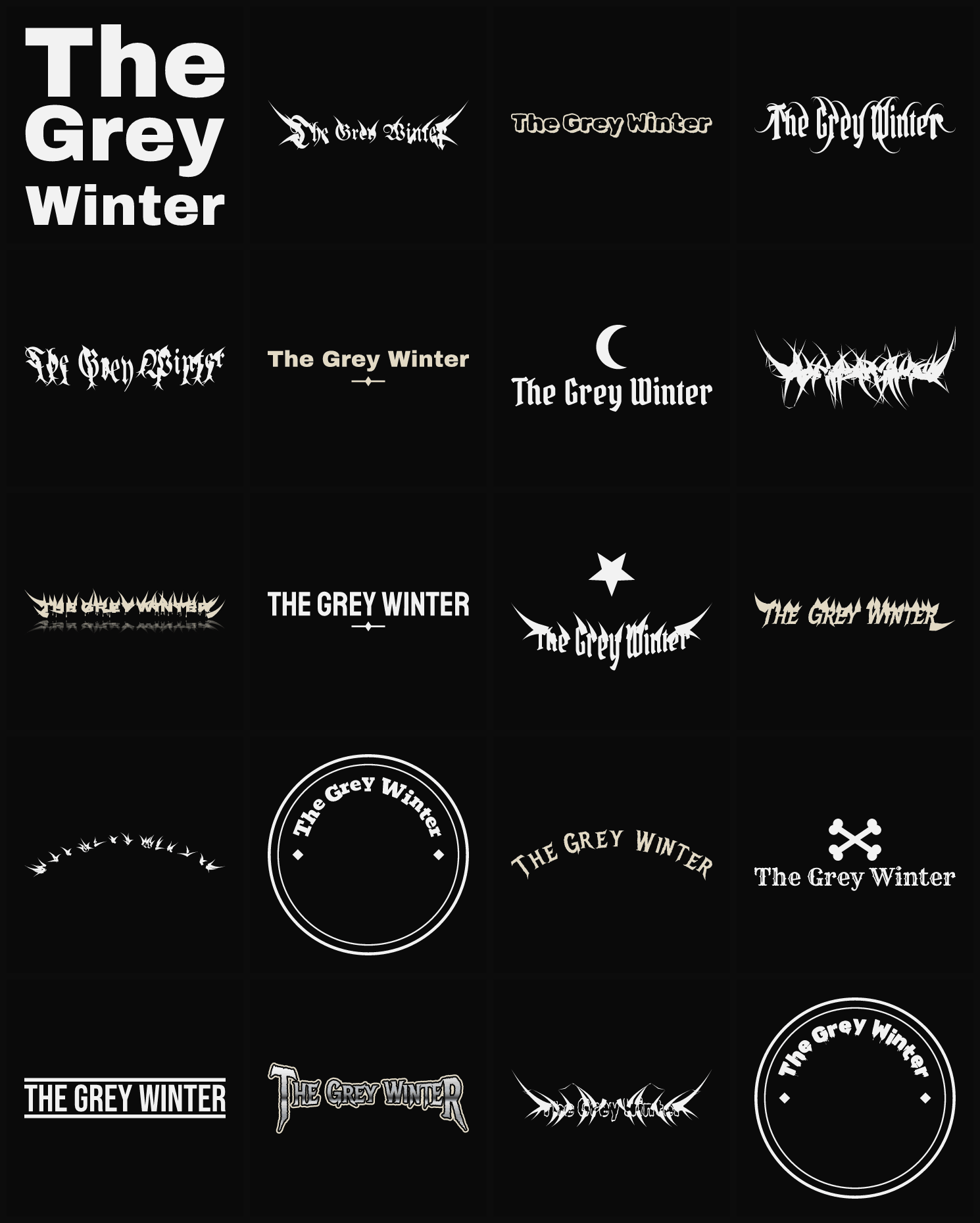 Twenty The Grey Winter band logo ideas — different faces, treatments and spike settings