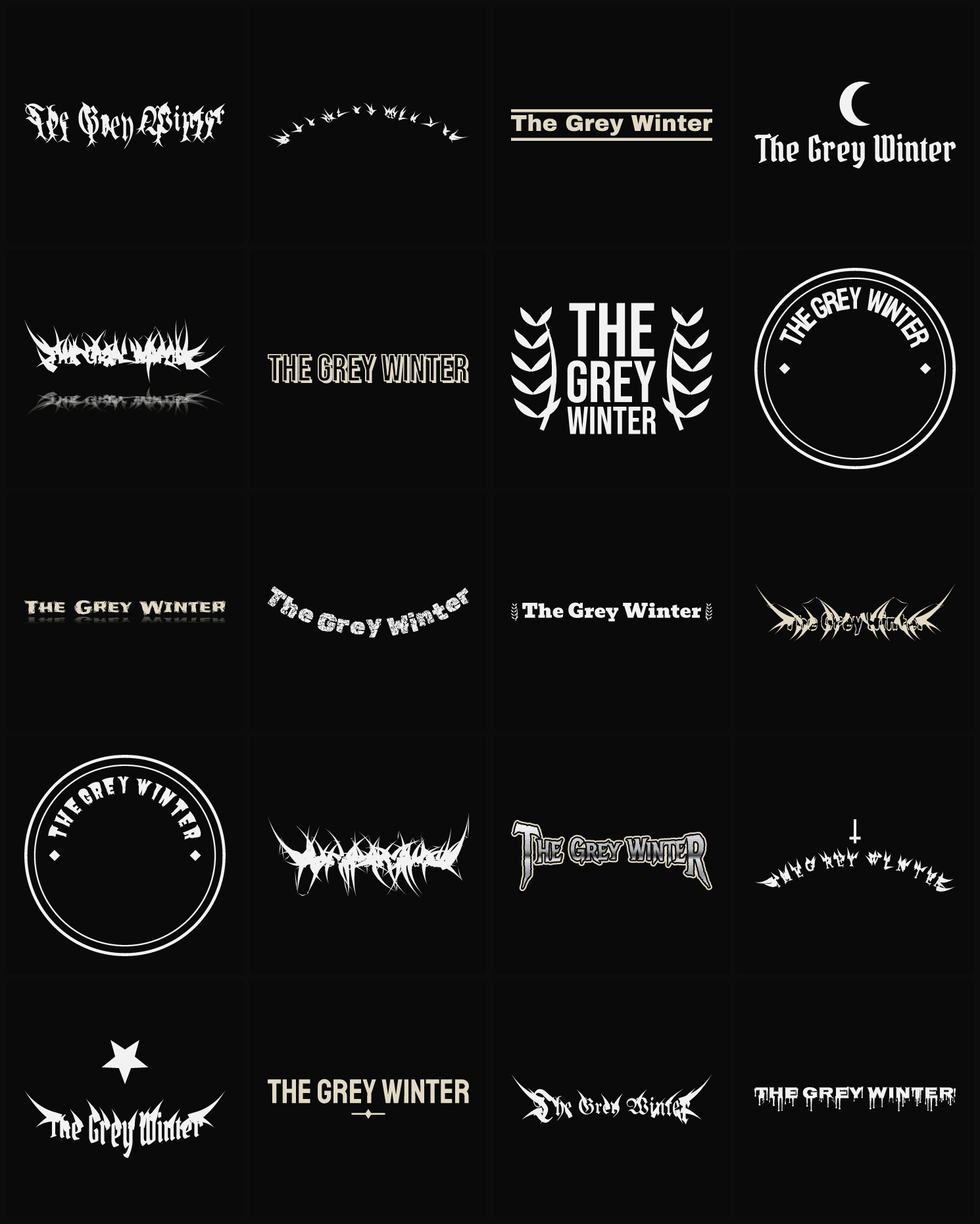 Twenty The Grey Winter band logo ideas — different faces, treatments and spike settings