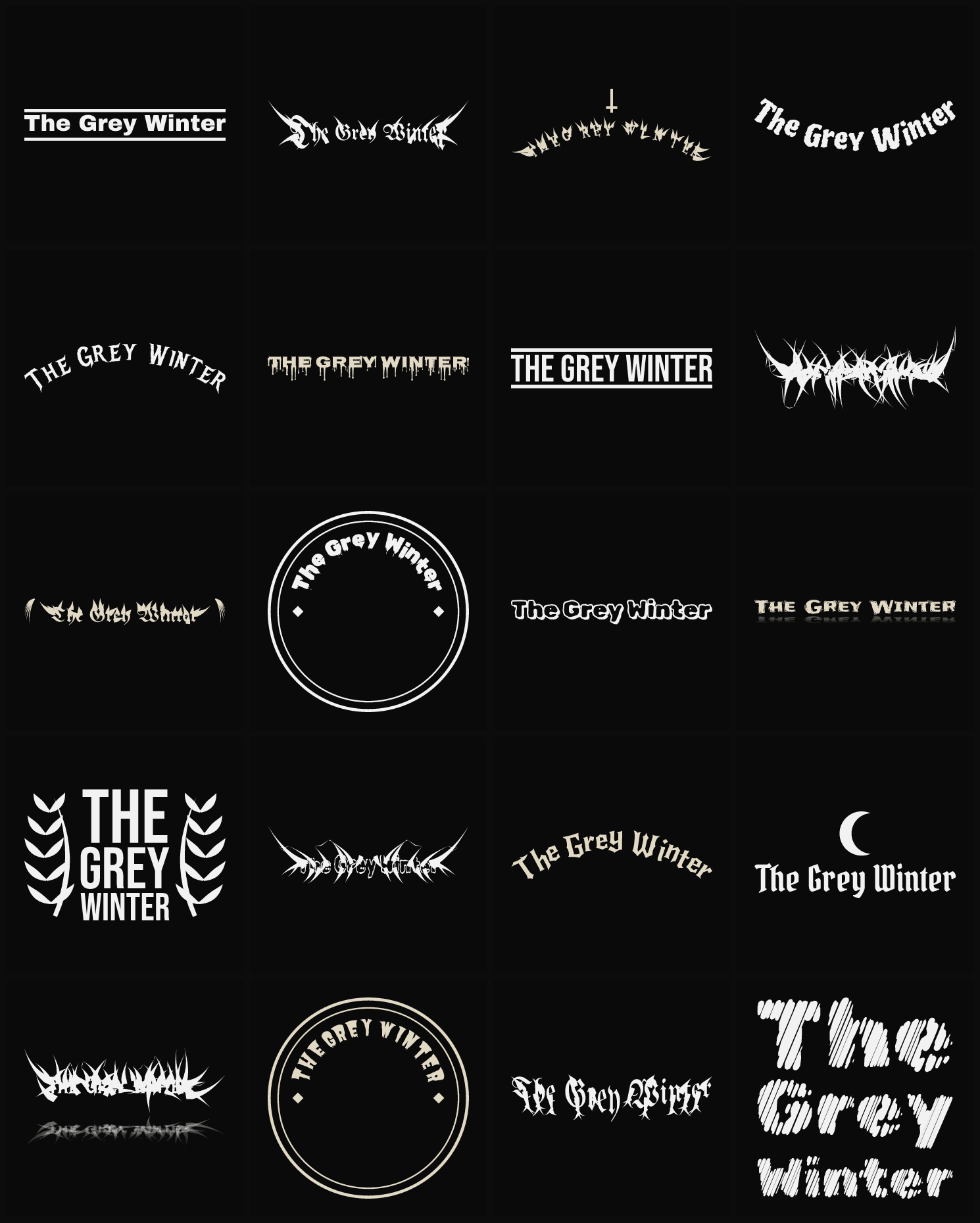 Twenty The Grey Winter band logo ideas — different faces, treatments and spike settings