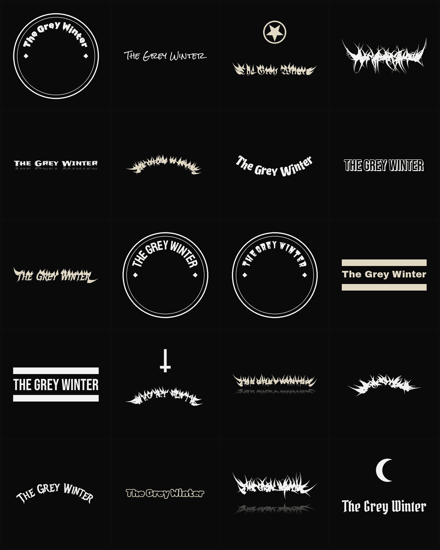 Twenty The Grey Winter band logo ideas — different faces, treatments and spike settings