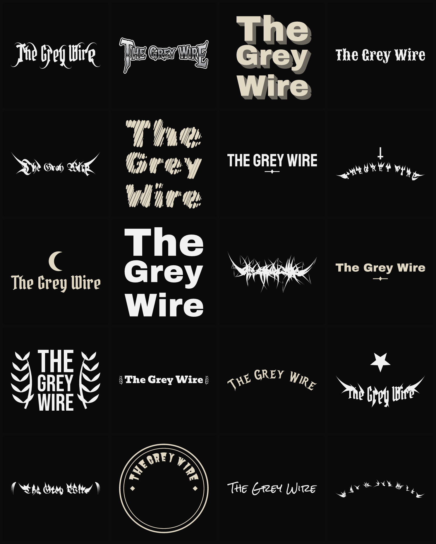 Twenty The Grey Wire band logo ideas — different faces, treatments and spike settings