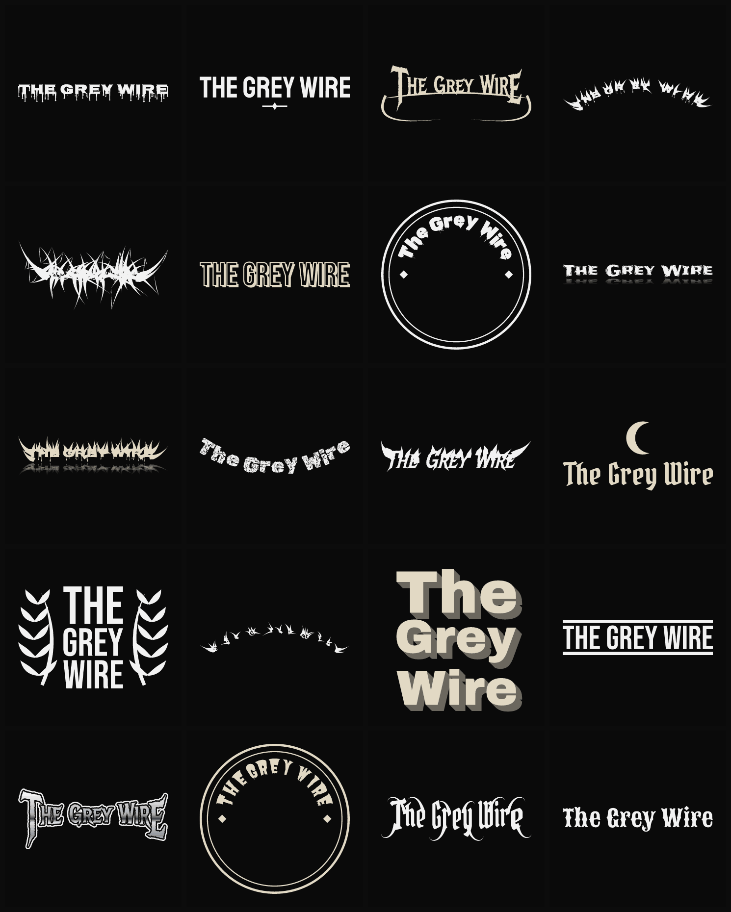 Twenty The Grey Wire band logo ideas — different faces, treatments and spike settings