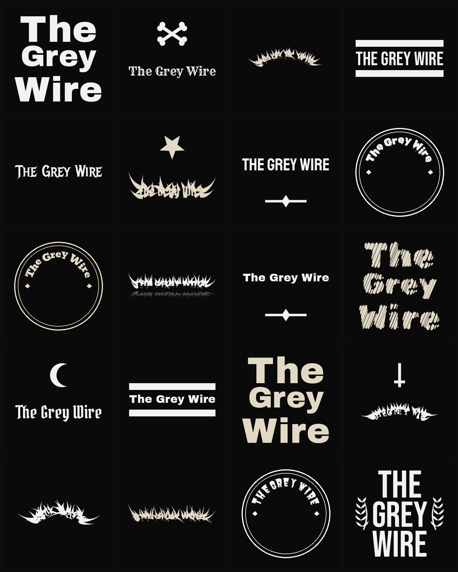 Twenty The Grey Wire band logo ideas — different faces, treatments and spike settings