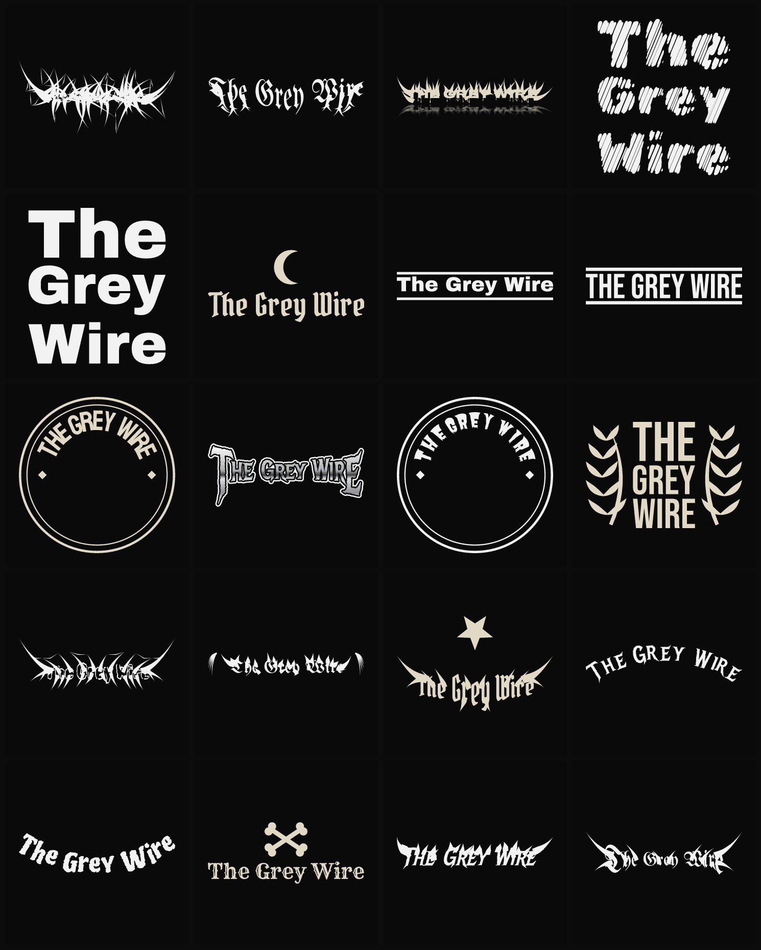 Twenty The Grey Wire band logo ideas — different faces, treatments and spike settings