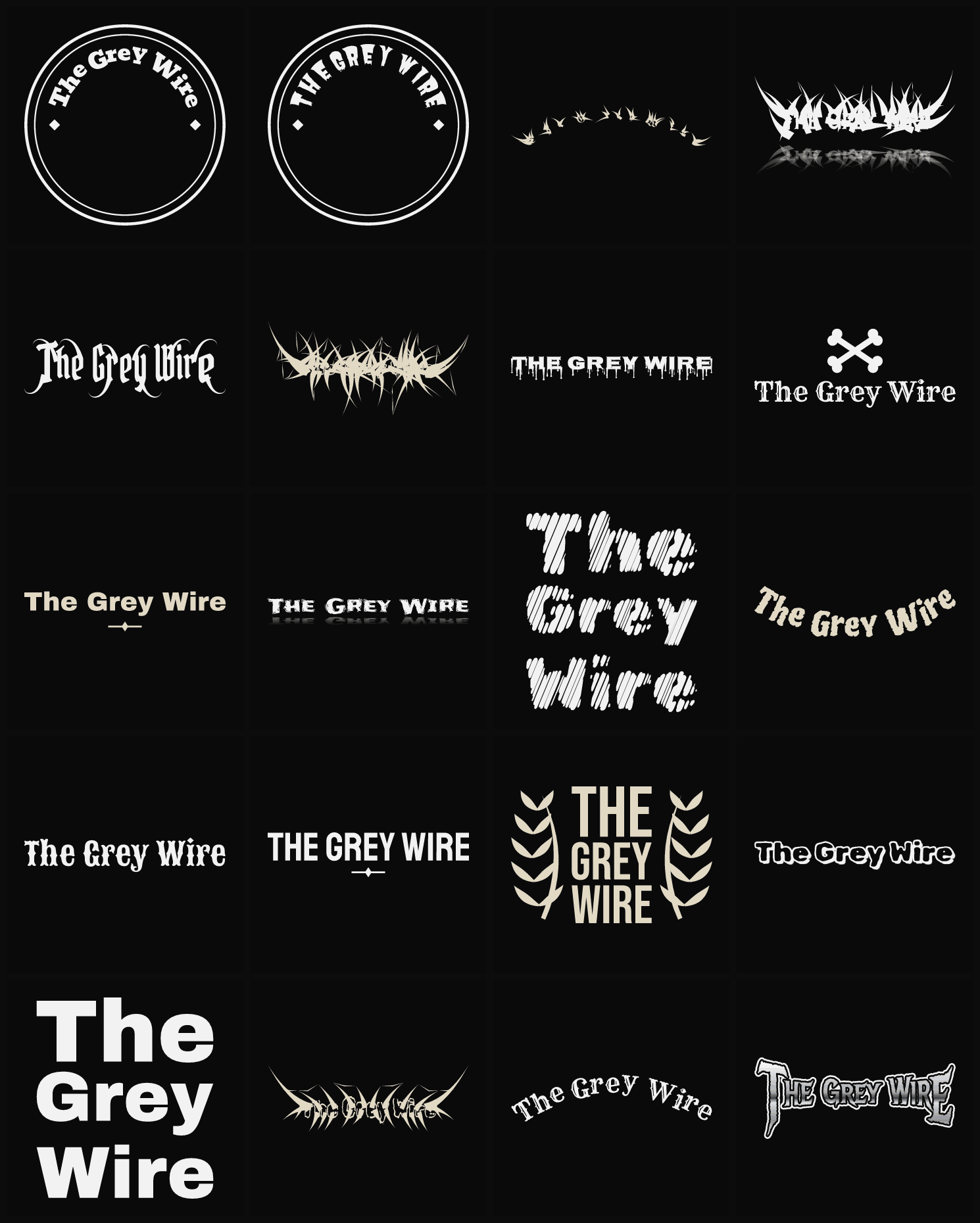 Twenty The Grey Wire band logo ideas — different faces, treatments and spike settings