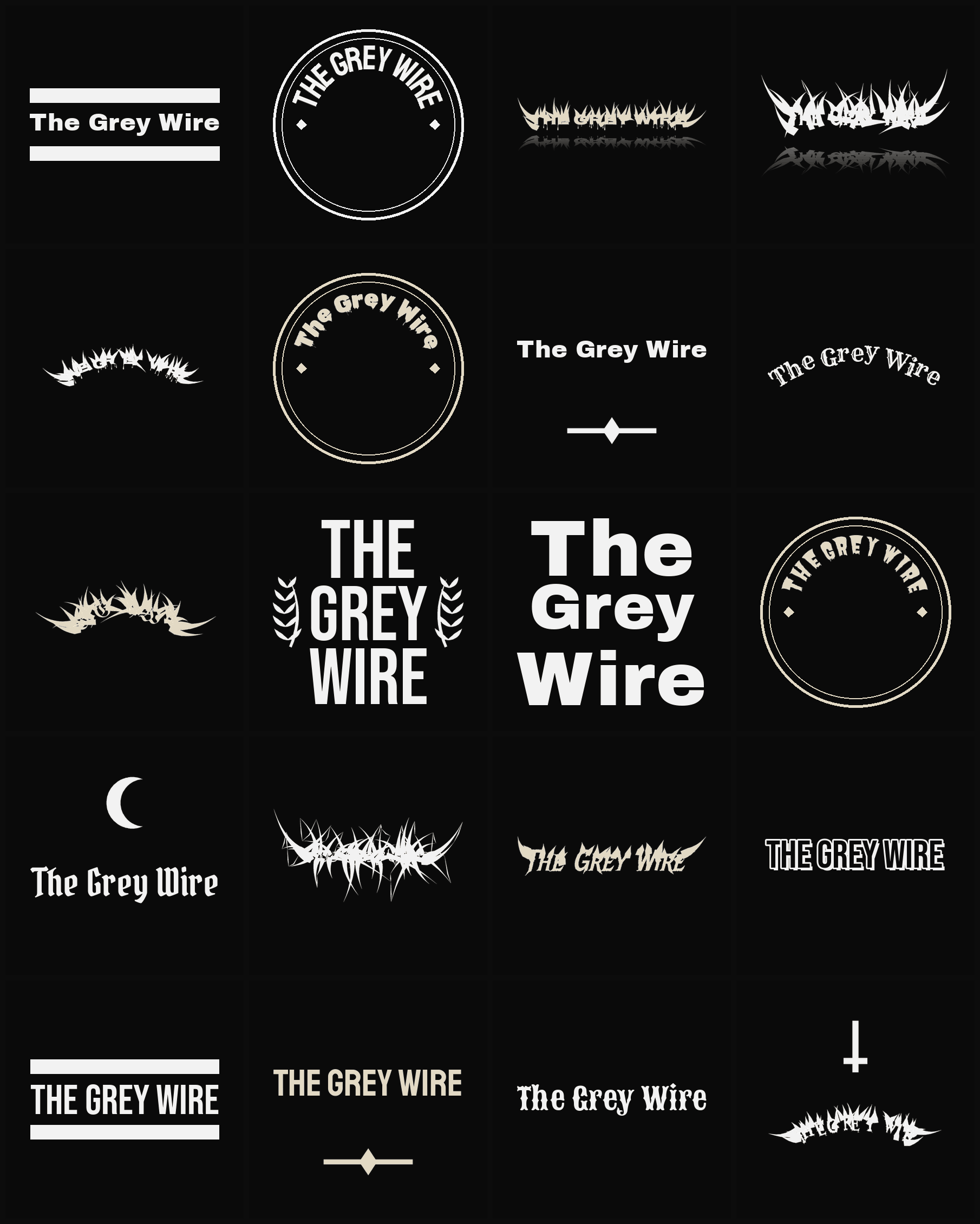 Twenty The Grey Wire band logo ideas — different faces, treatments and spike settings