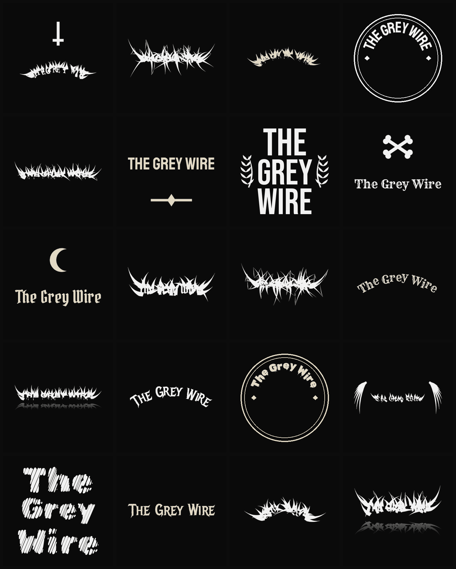 Twenty The Grey Wire band logo ideas — different faces, treatments and spike settings