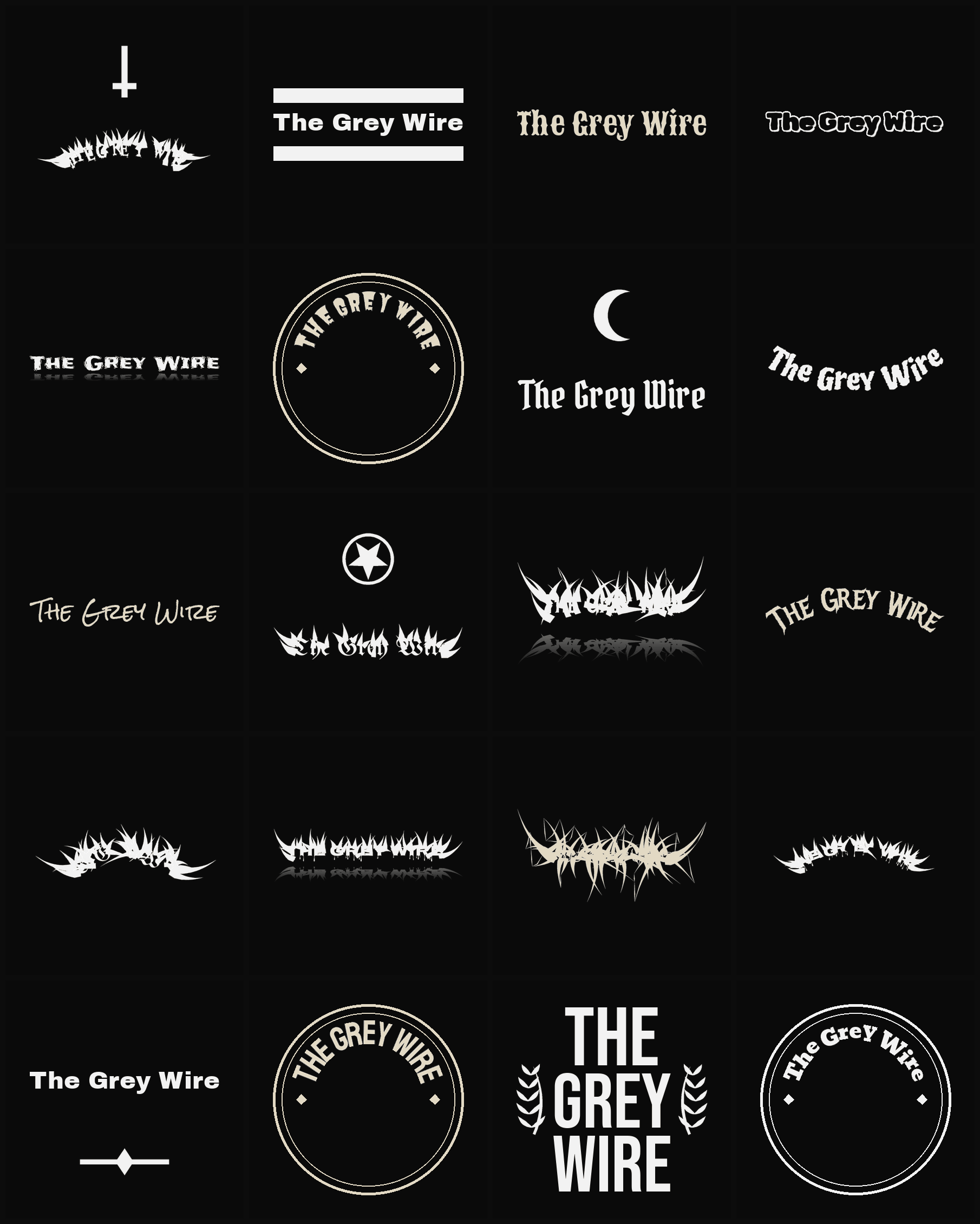Twenty The Grey Wire band logo ideas — different faces, treatments and spike settings