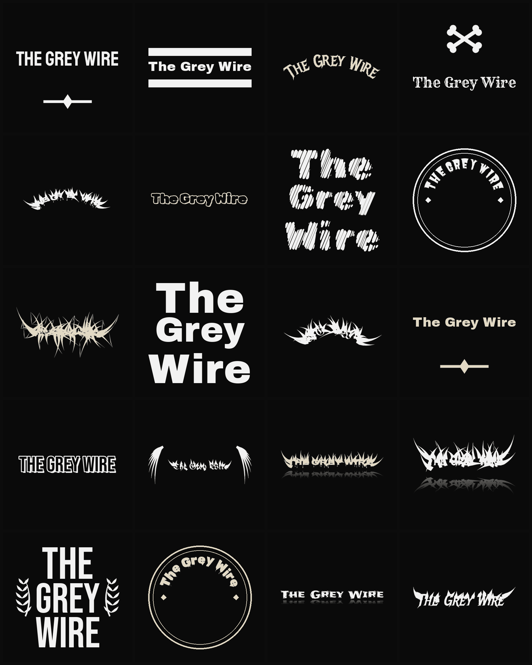 Twenty The Grey Wire band logo ideas — different faces, treatments and spike settings