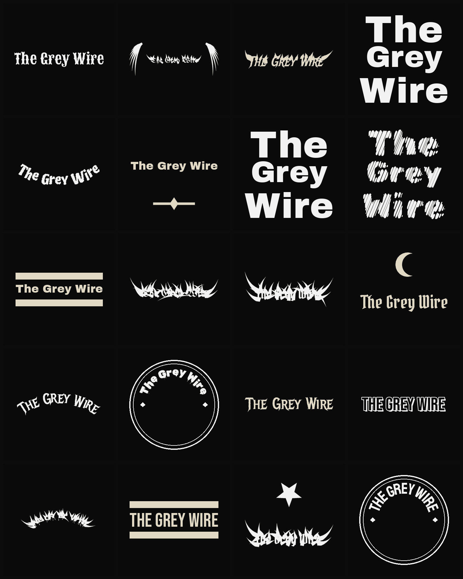 Twenty The Grey Wire band logo ideas — different faces, treatments and spike settings
