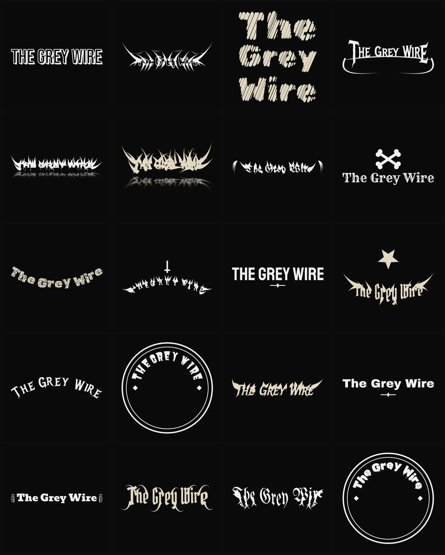 Twenty The Grey Wire band logo ideas — different faces, treatments and spike settings