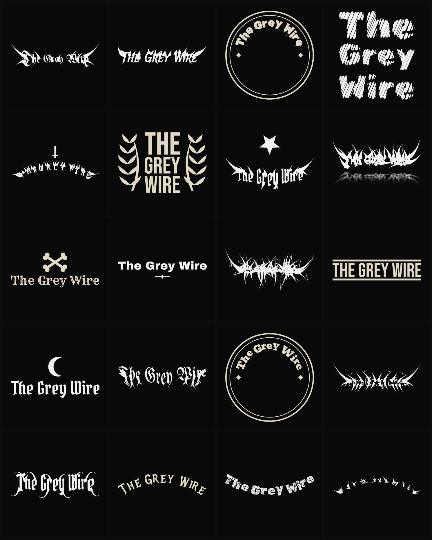 Twenty The Grey Wire band logo ideas — different faces, treatments and spike settings