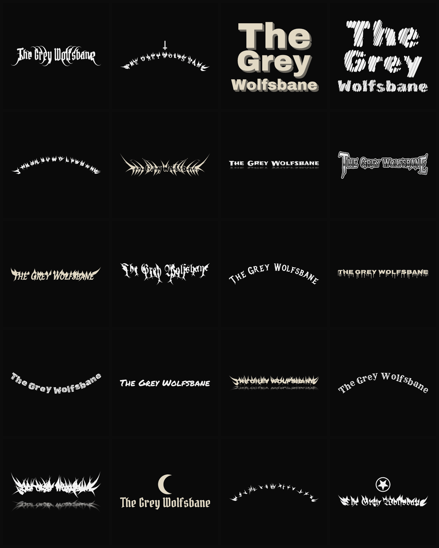 Twenty The Grey Wolfsbane band logo ideas — different faces, treatments and spike settings