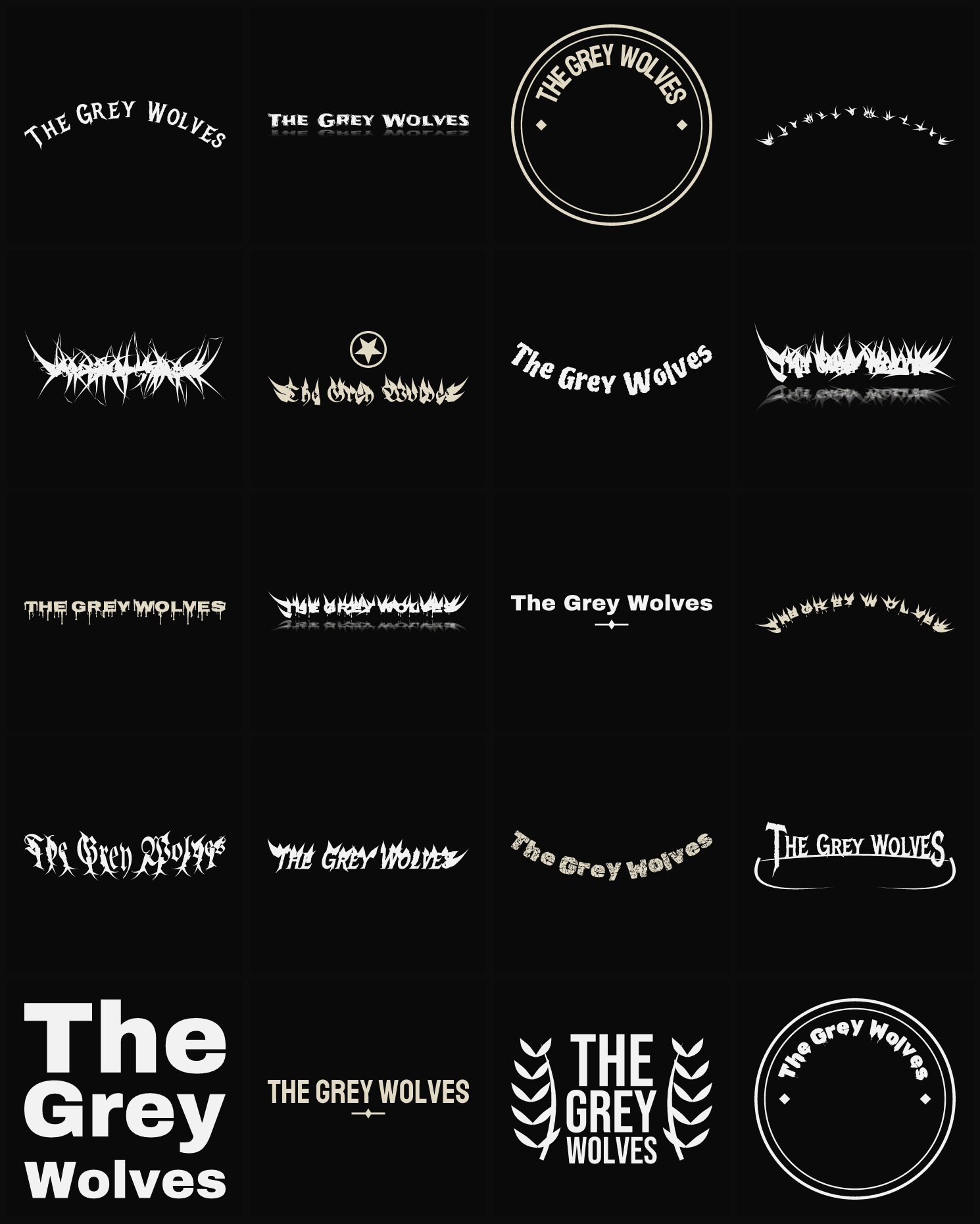 Twenty The Grey Wolves band logo ideas — different faces, treatments and spike settings