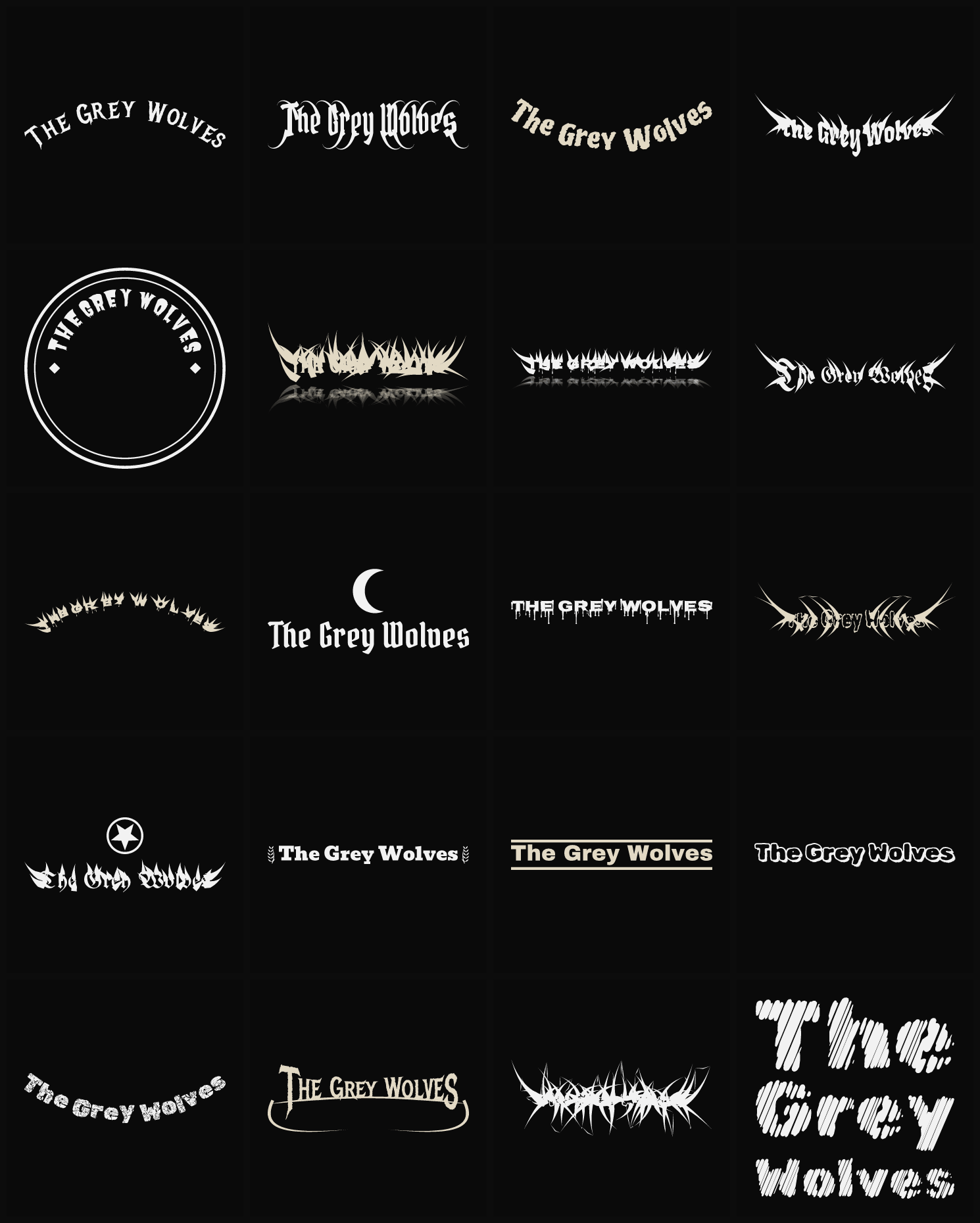 Twenty The Grey Wolves band logo ideas — different faces, treatments and spike settings