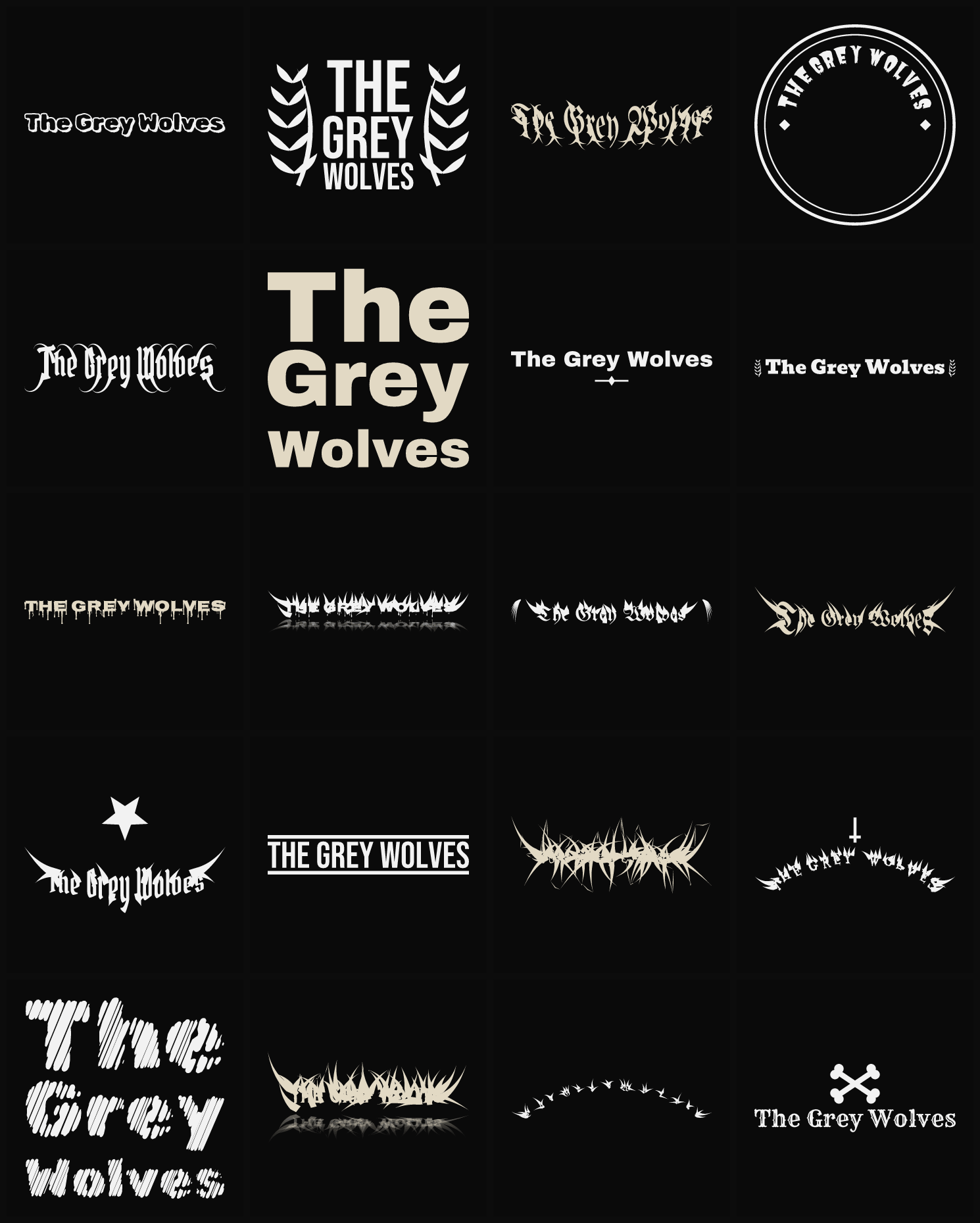 Twenty The Grey Wolves band logo ideas — different faces, treatments and spike settings