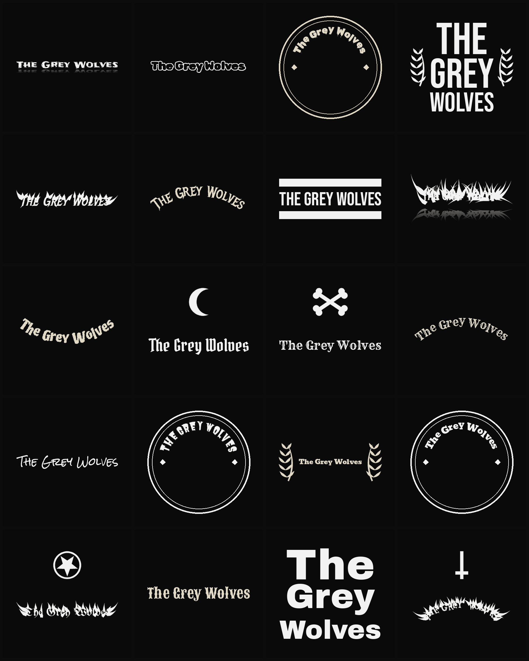 Twenty The Grey Wolves band logo ideas — different faces, treatments and spike settings