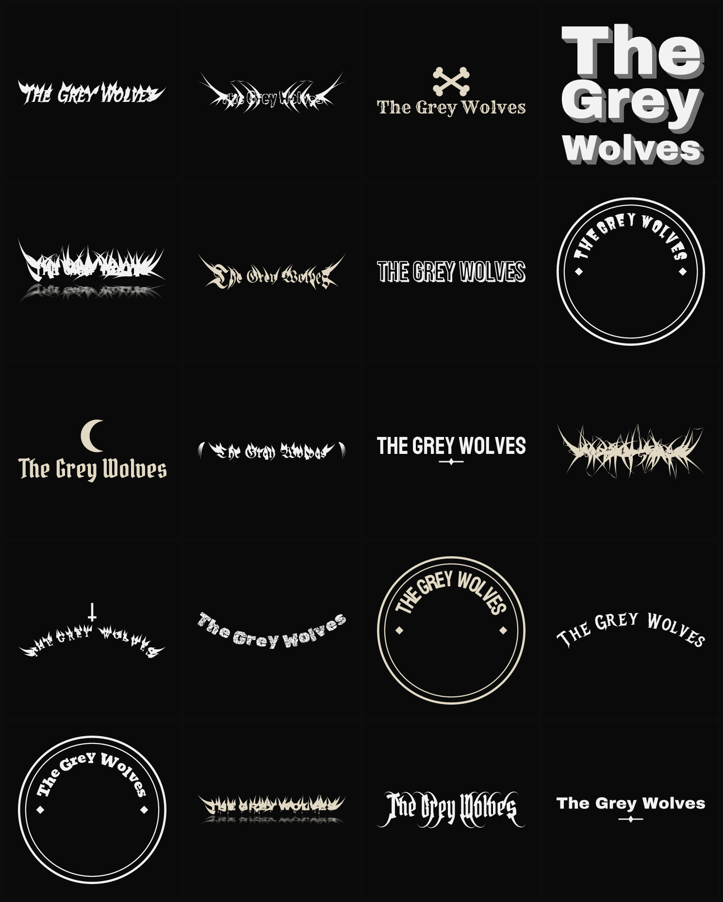 Twenty The Grey Wolves band logo ideas — different faces, treatments and spike settings