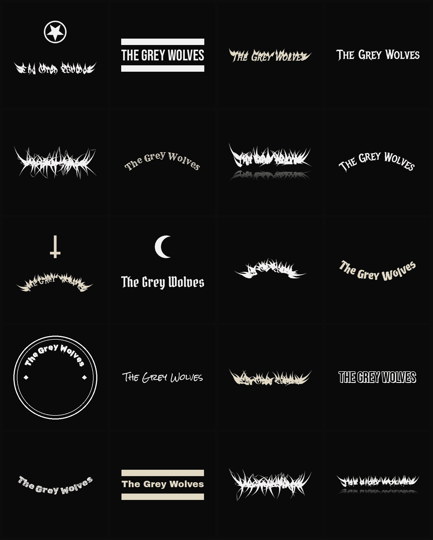 Twenty The Grey Wolves band logo ideas — different faces, treatments and spike settings