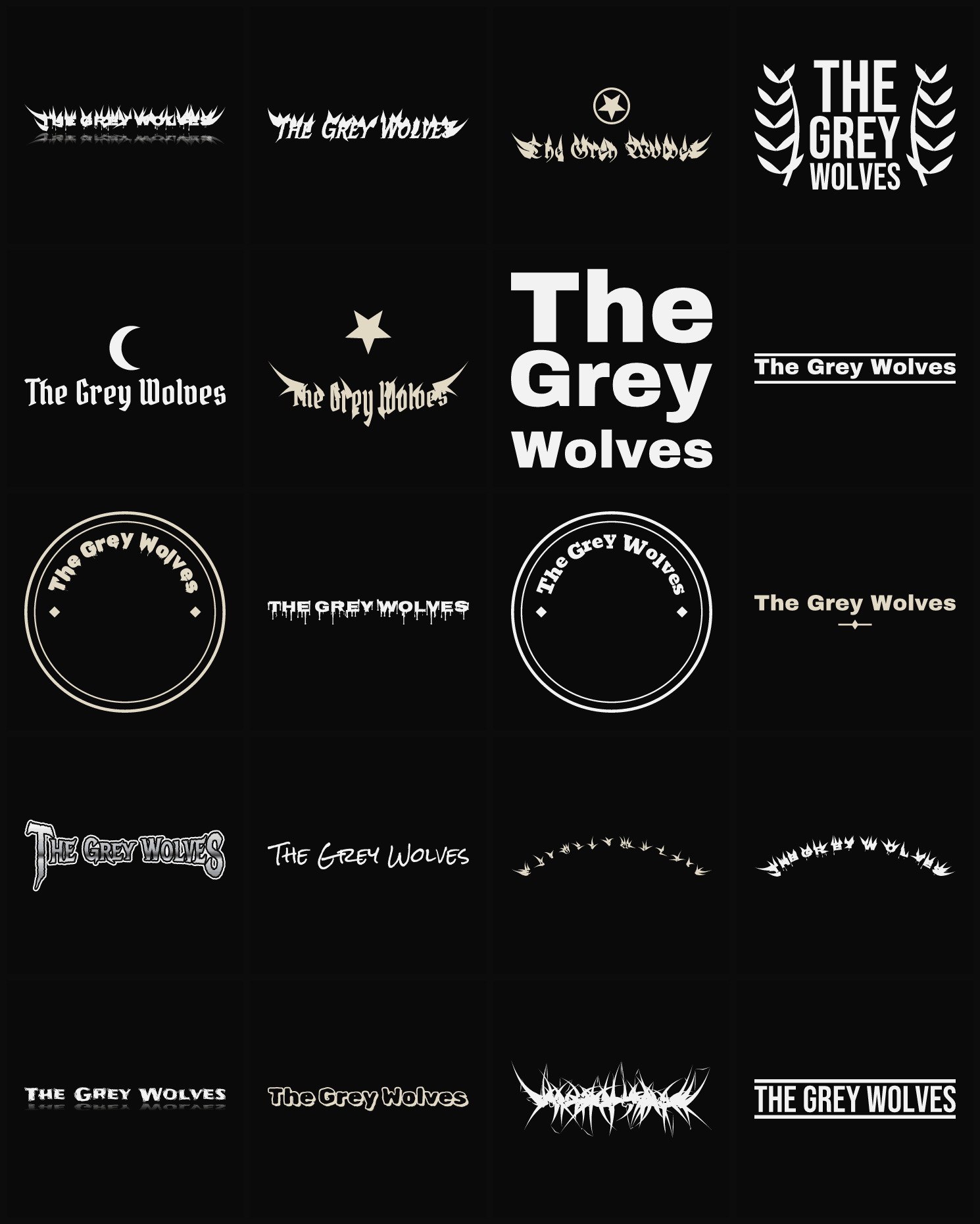 Twenty The Grey Wolves band logo ideas — different faces, treatments and spike settings