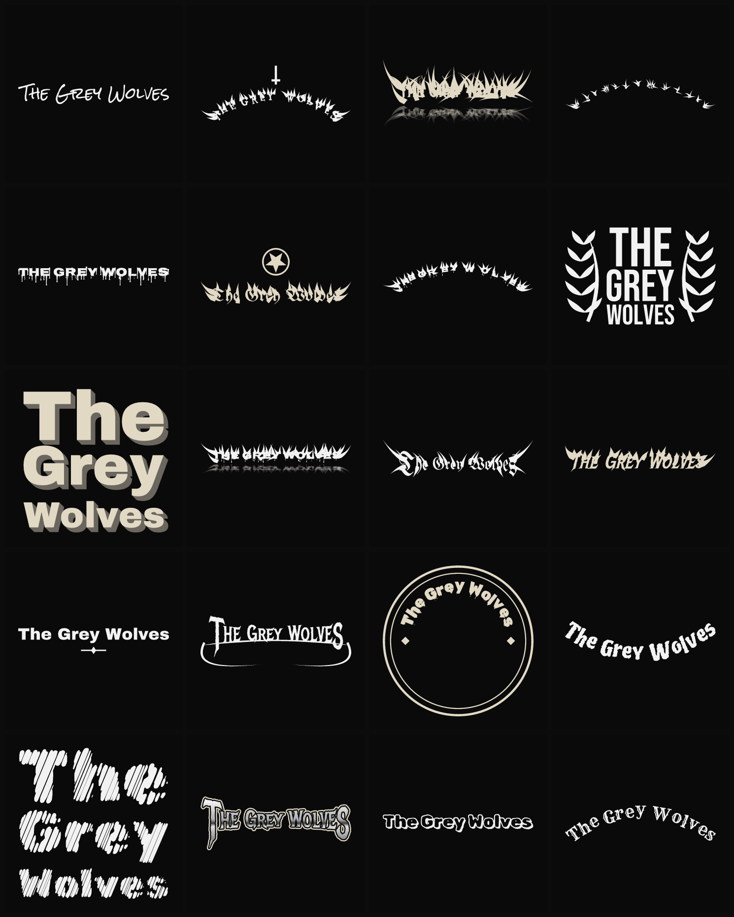 Twenty The Grey Wolves band logo ideas — different faces, treatments and spike settings