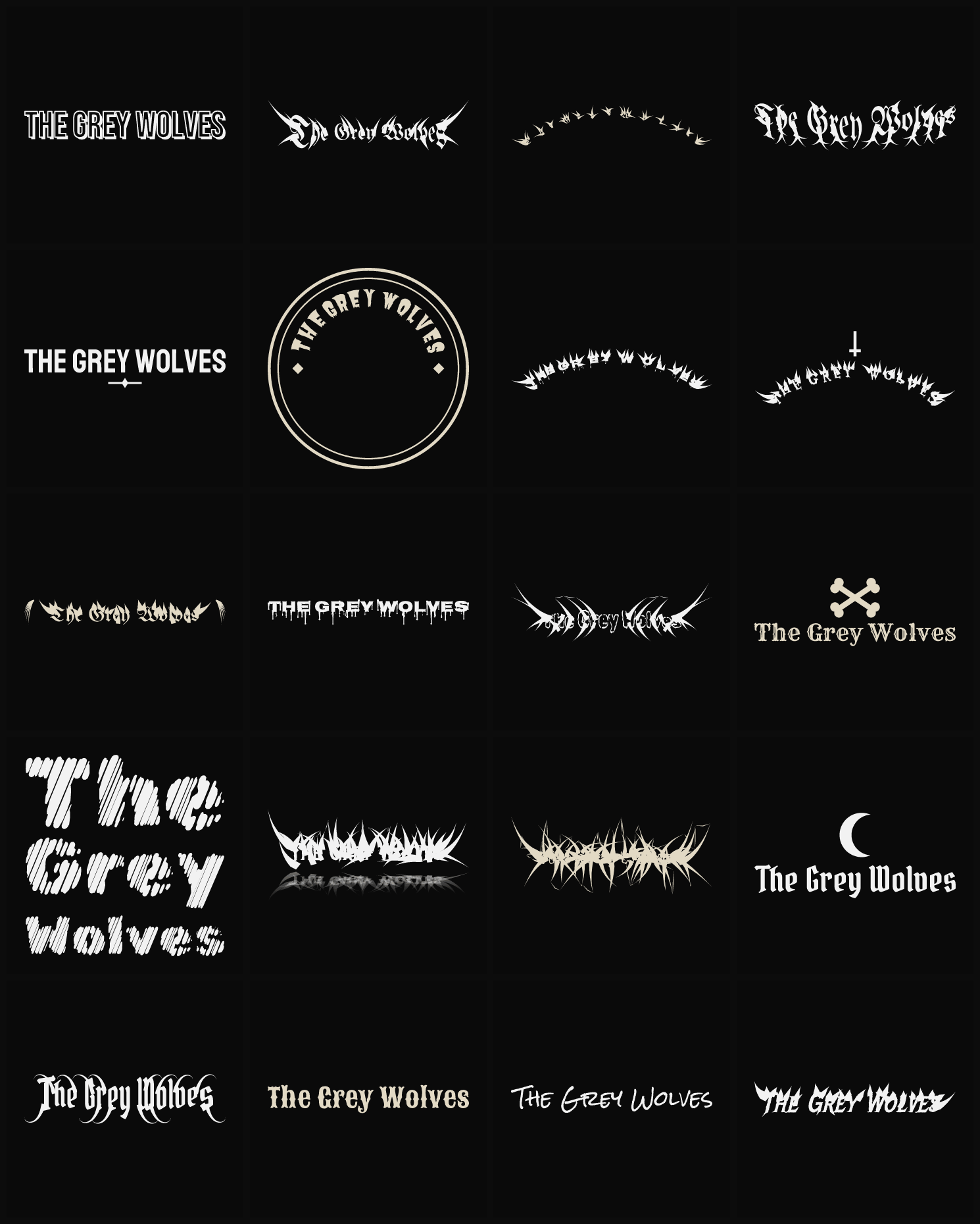 Twenty The Grey Wolves band logo ideas — different faces, treatments and spike settings
