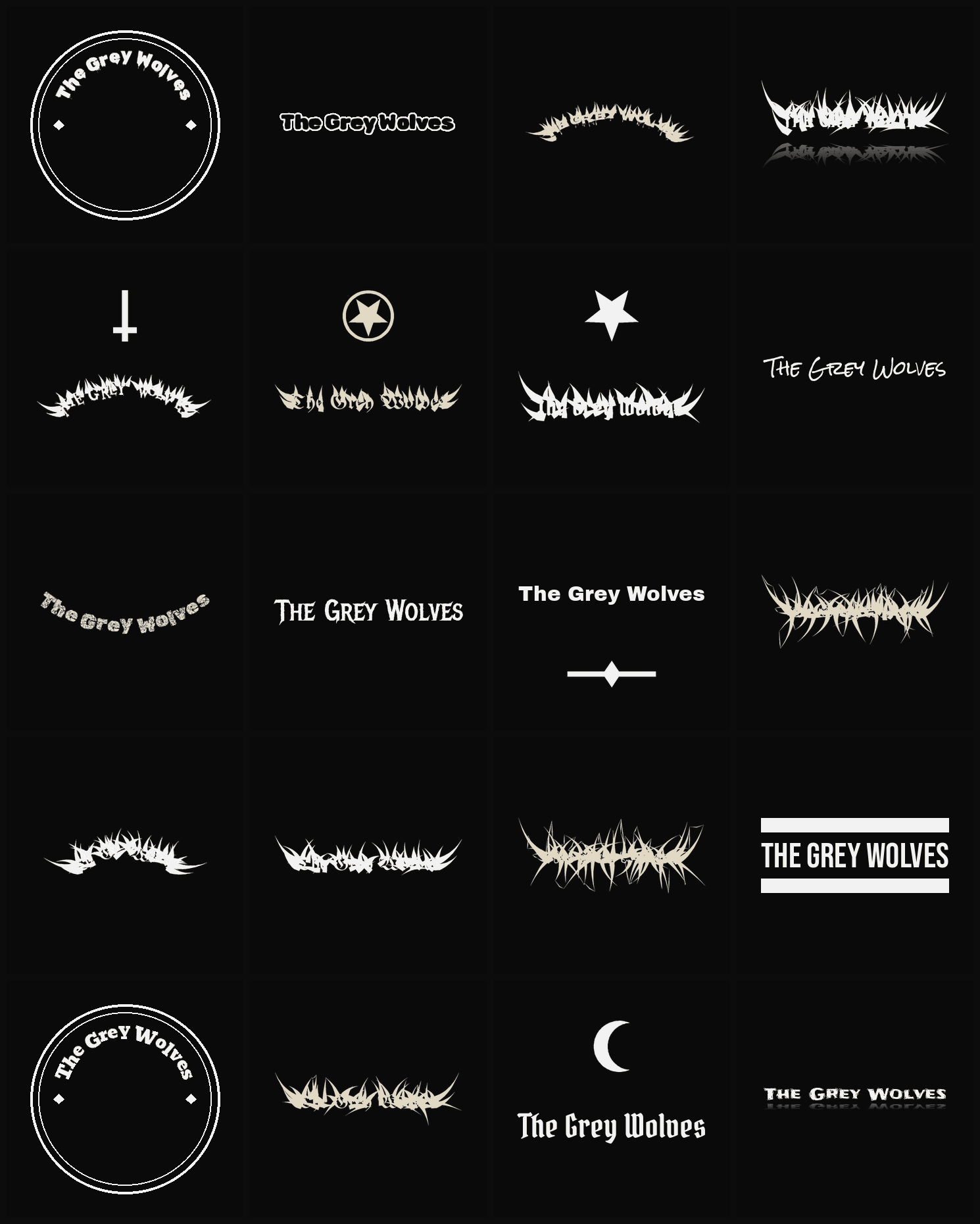 Twenty The Grey Wolves band logo ideas — different faces, treatments and spike settings
