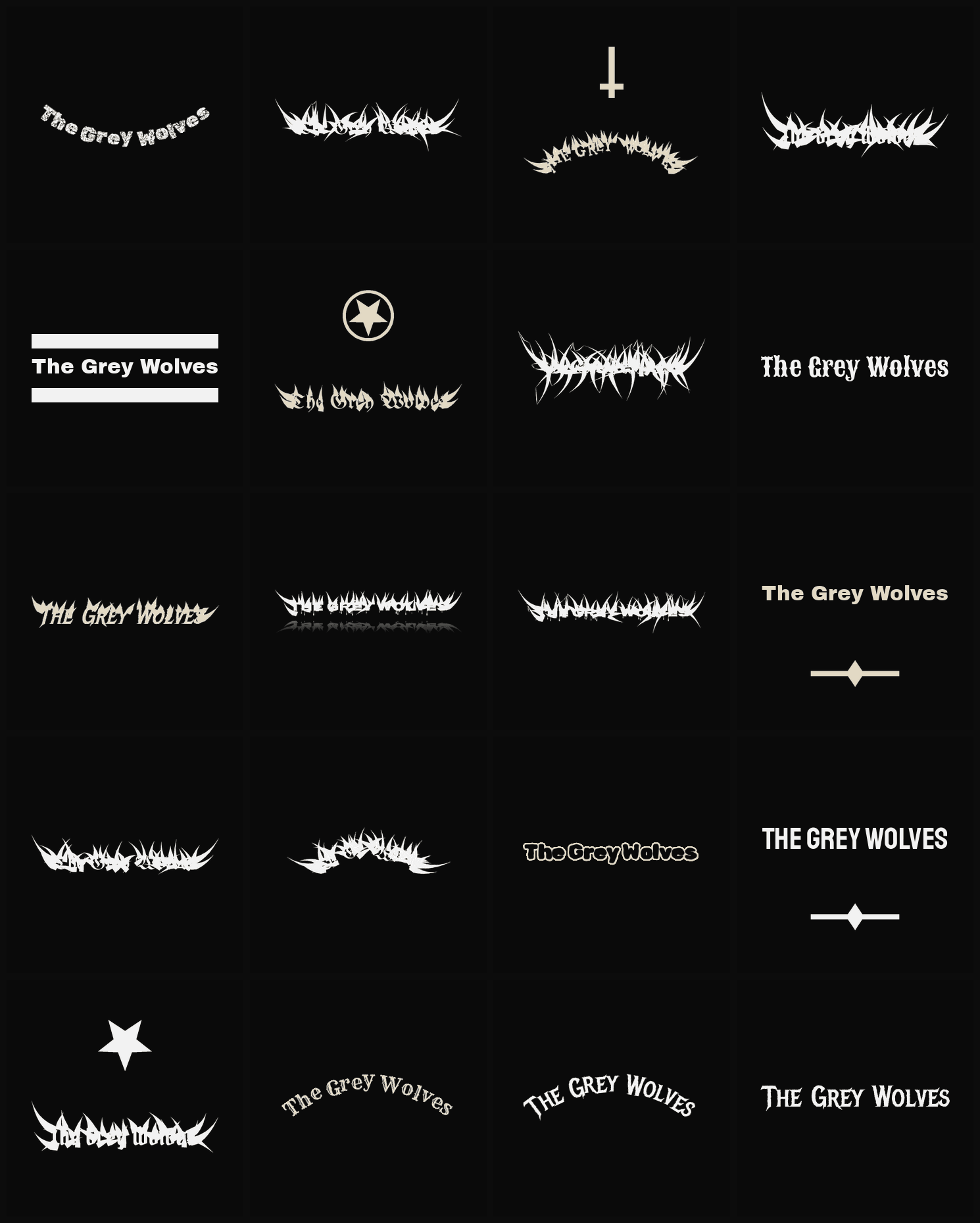 Twenty The Grey Wolves band logo ideas — different faces, treatments and spike settings