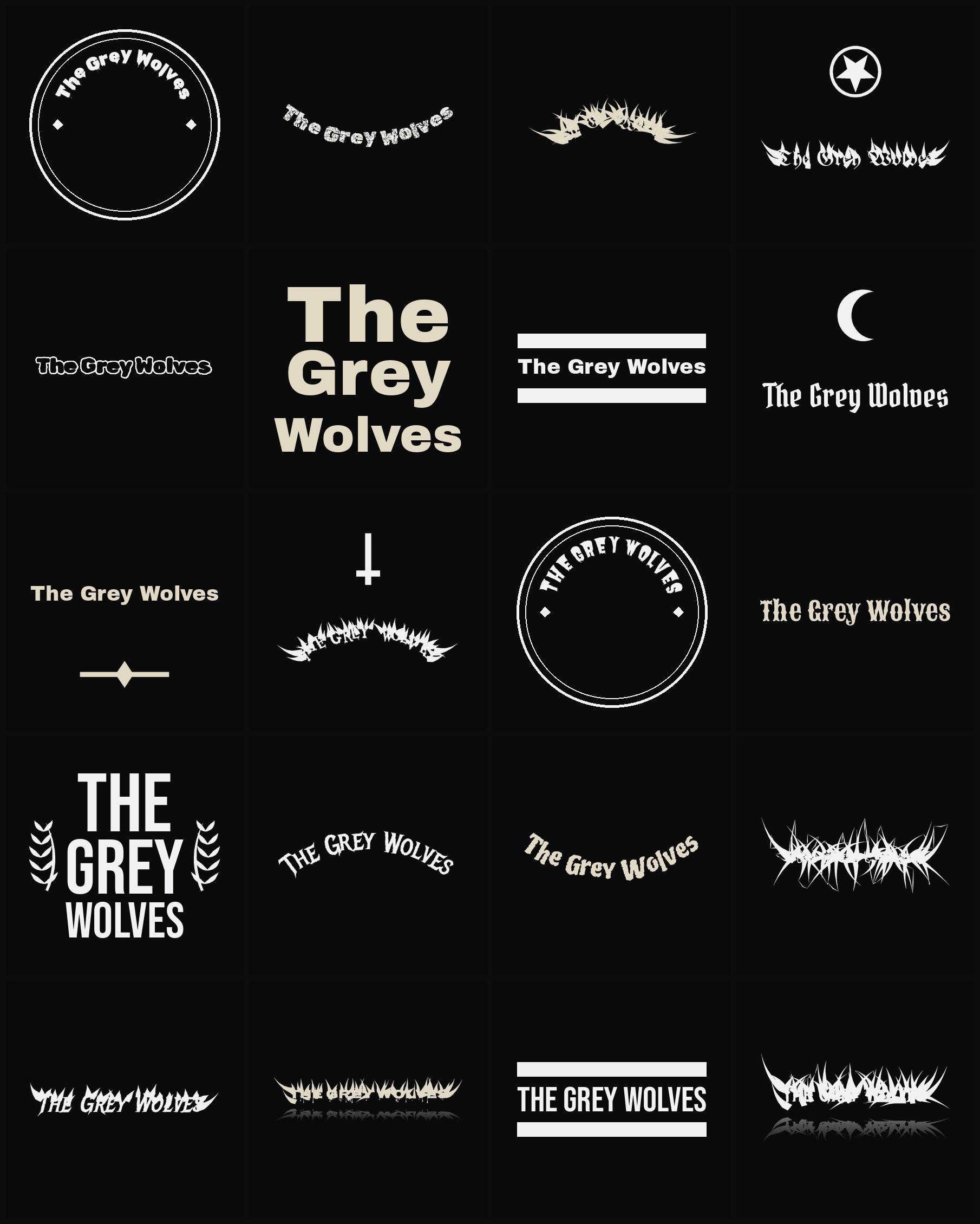 Twenty The Grey Wolves band logo ideas — different faces, treatments and spike settings