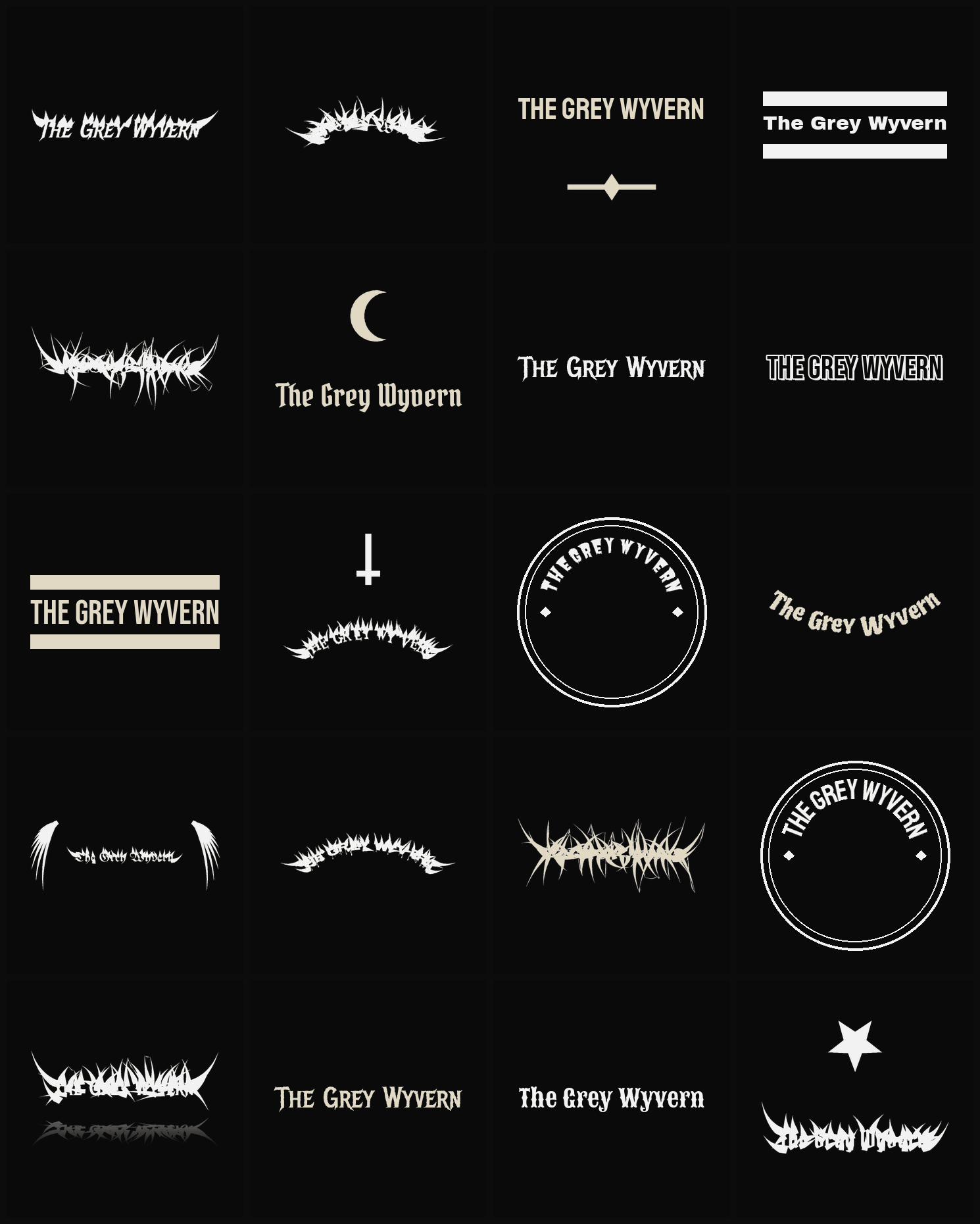 Twenty The Grey Wyvern band logo ideas — different faces, treatments and spike settings