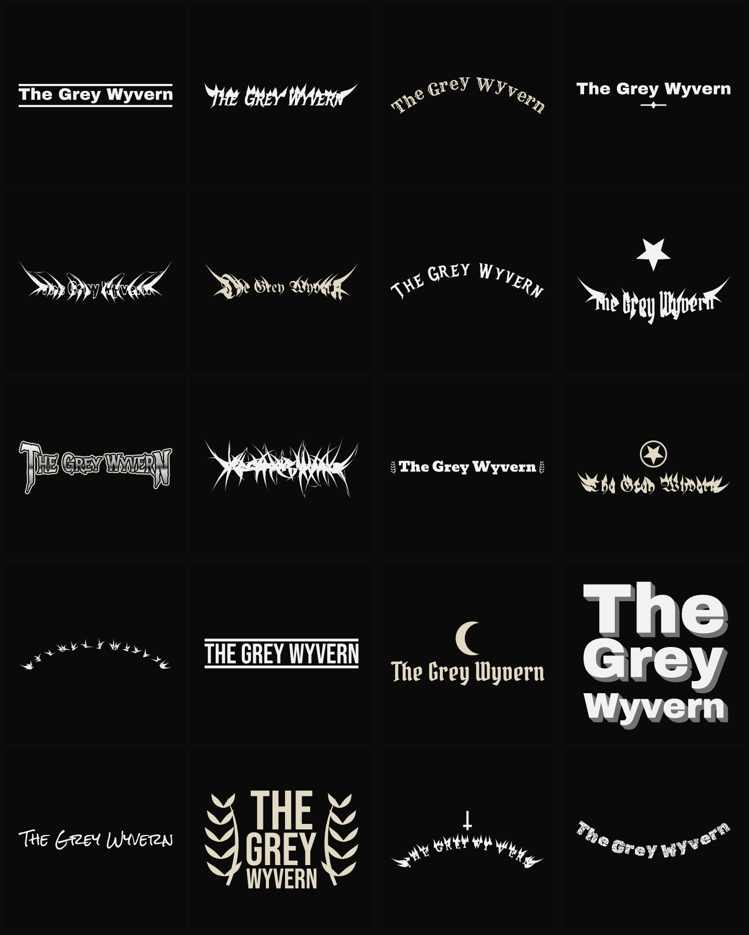 Twenty The Grey Wyvern band logo ideas — different faces, treatments and spike settings