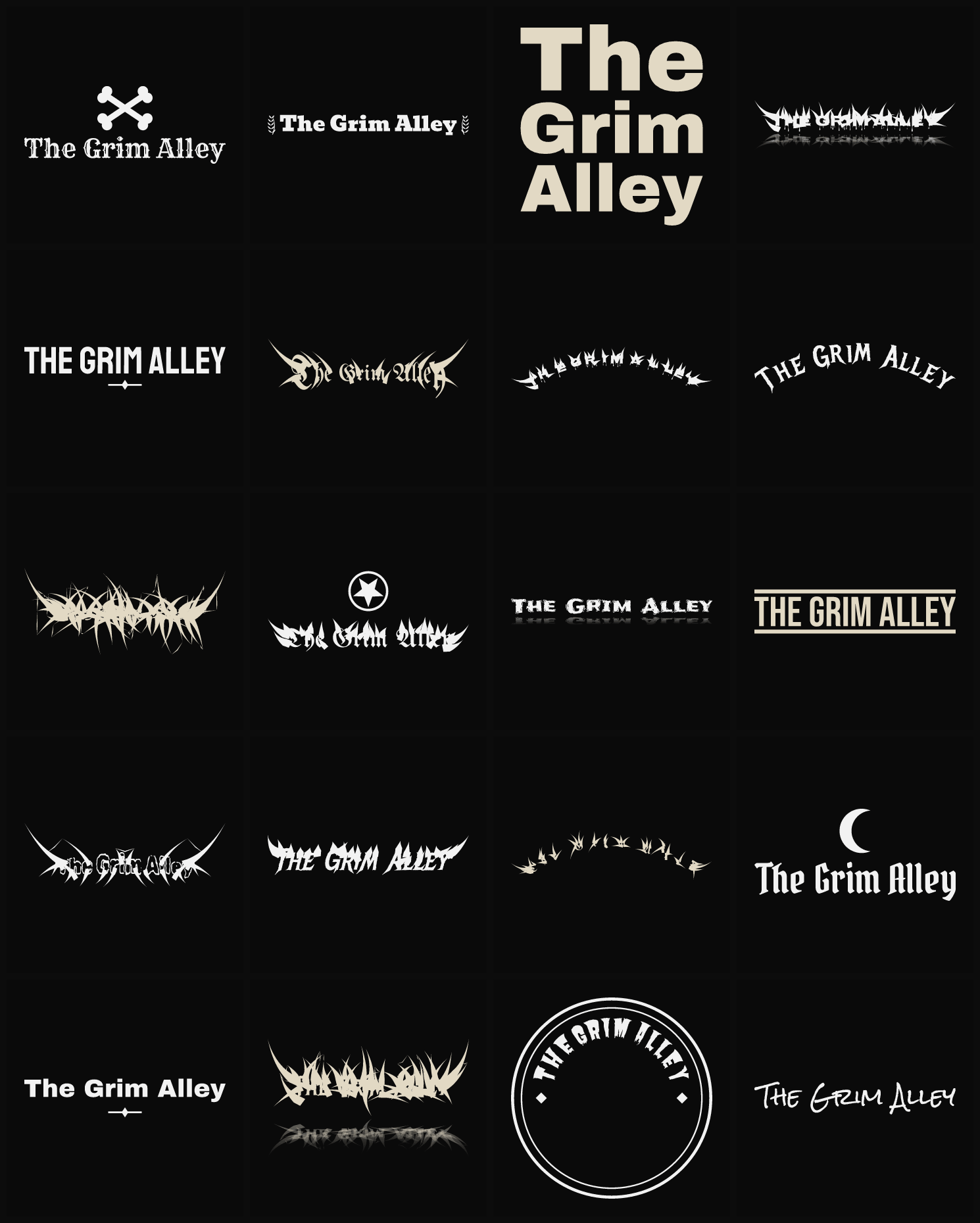 Twenty The Grim Alley band logo ideas — different faces, treatments and spike settings