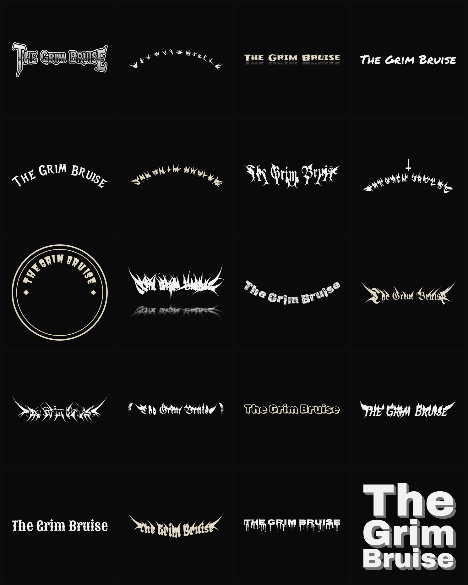 Twenty The Grim Bruise band logo ideas — different faces, treatments and spike settings