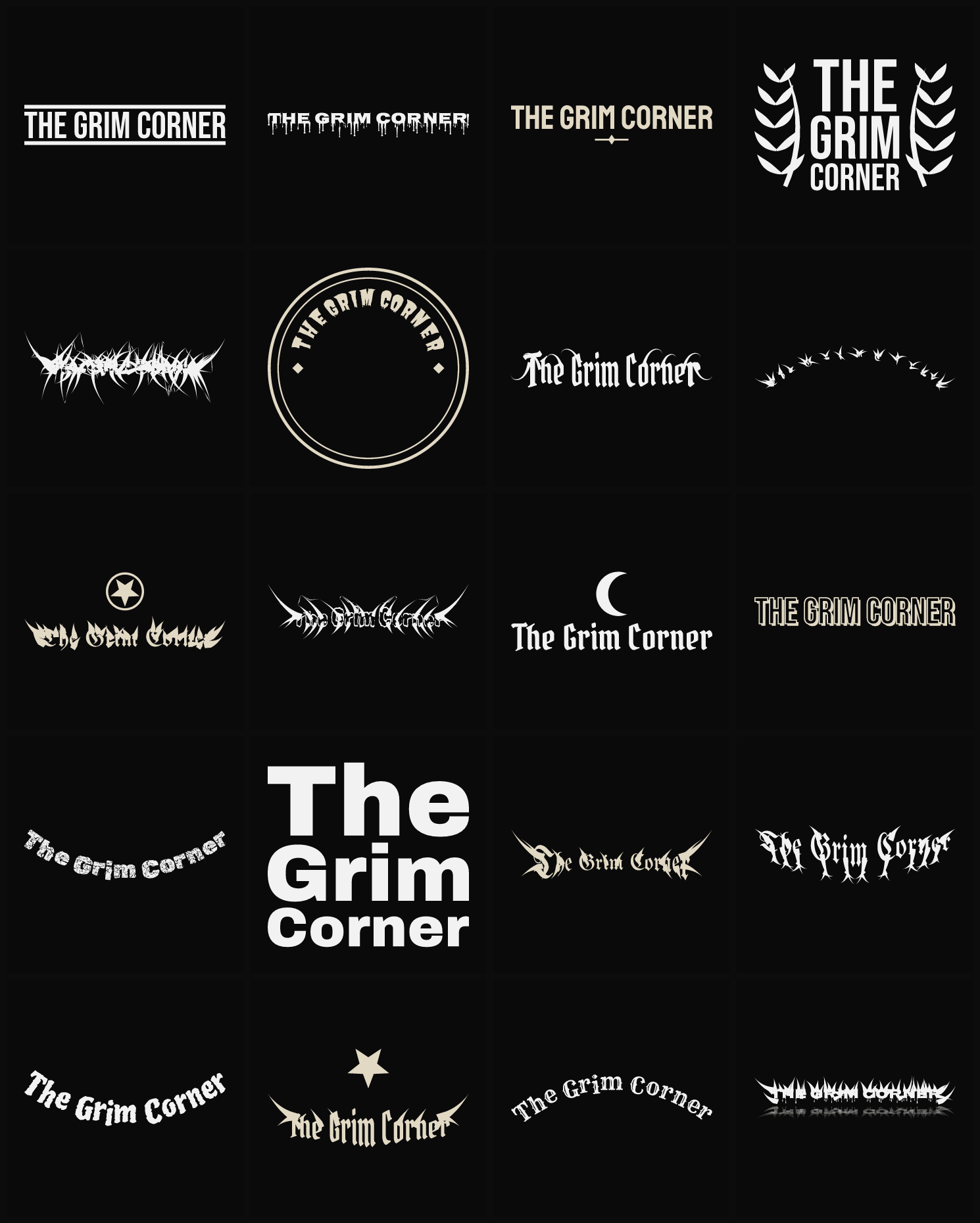 Twenty The Grim Corner band logo ideas — different faces, treatments and spike settings