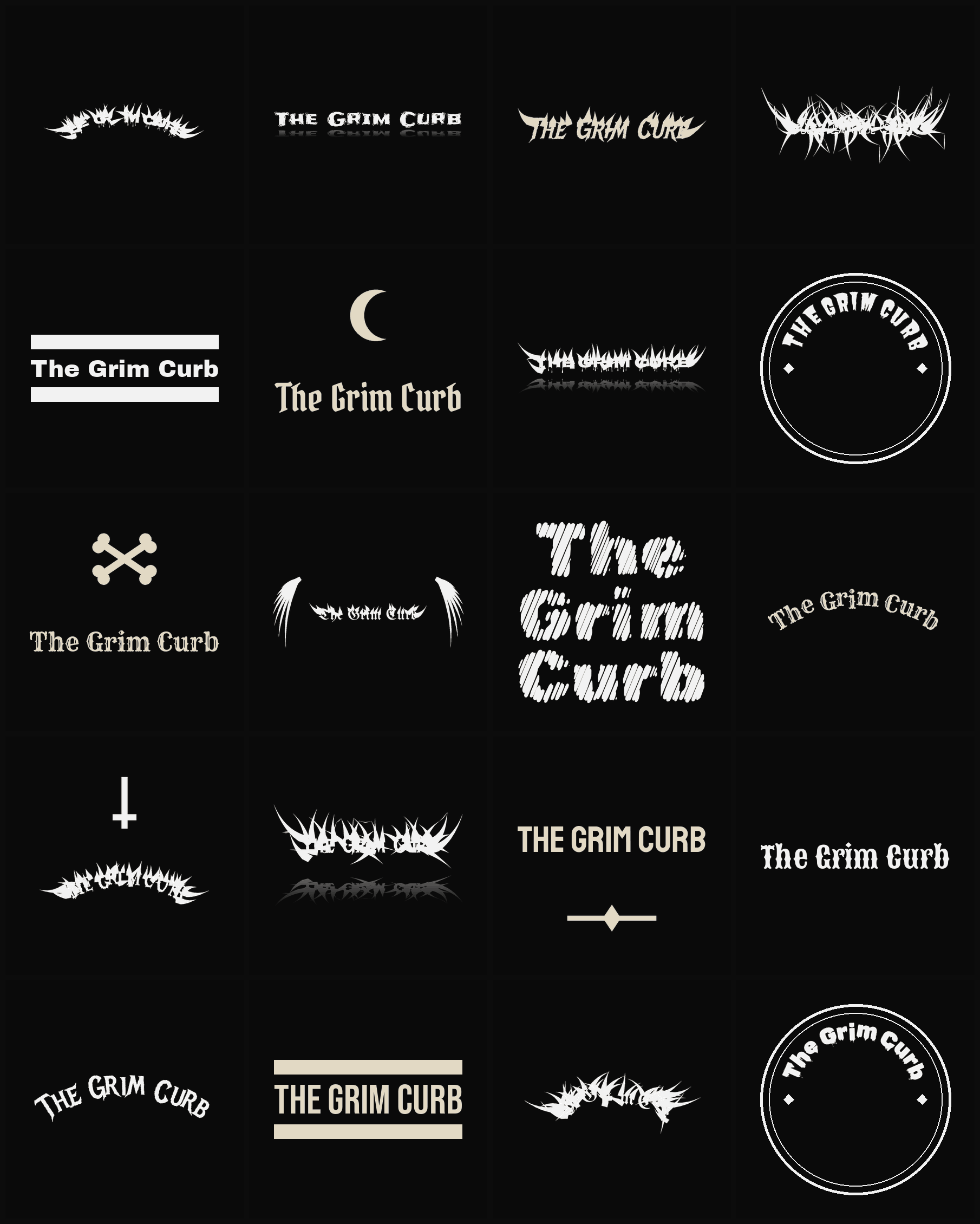 Twenty The Grim Curb band logo ideas — different faces, treatments and spike settings