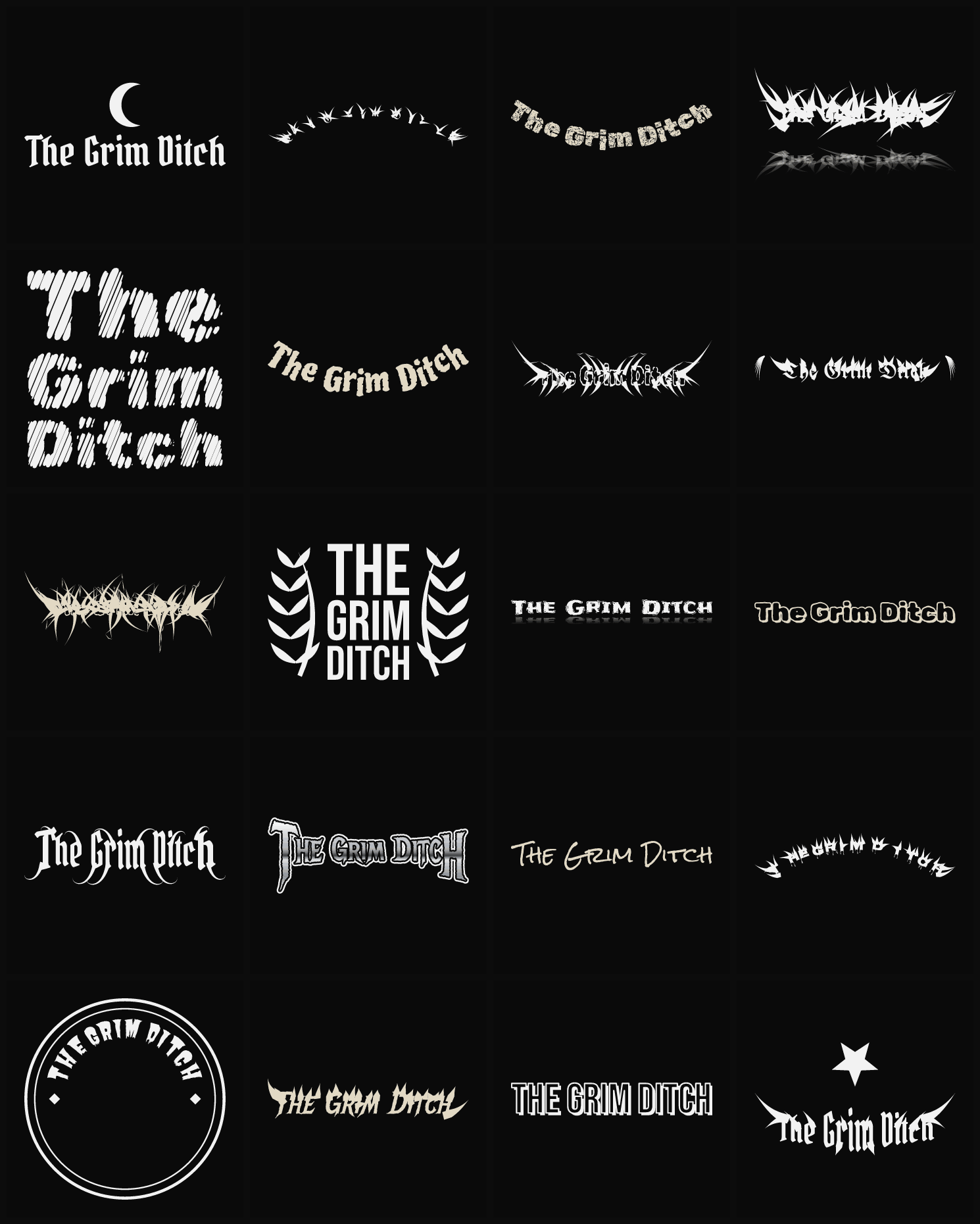 Twenty The Grim Ditch band logo ideas — different faces, treatments and spike settings