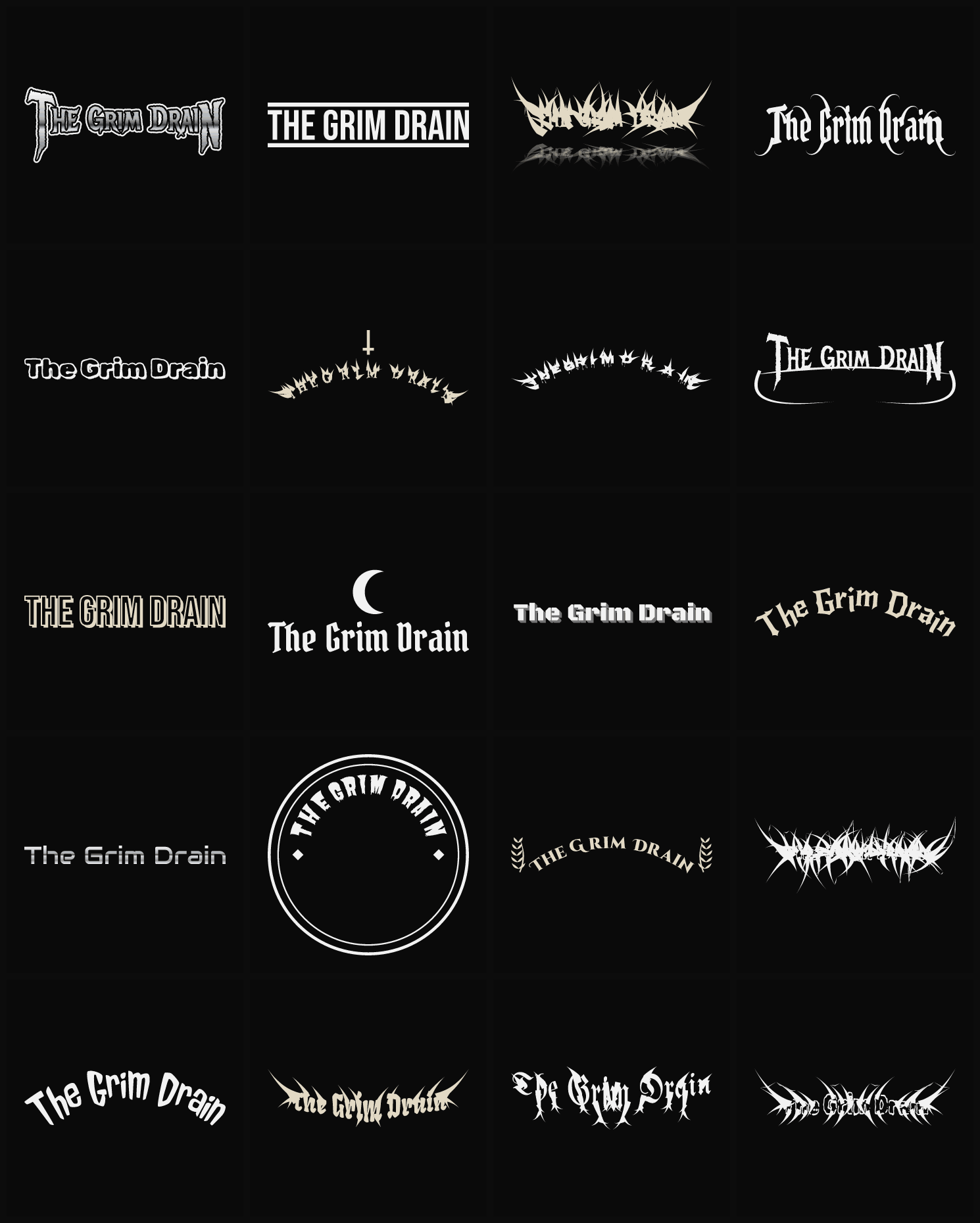 Twenty The Grim Drain band logo ideas — different faces, treatments and spike settings