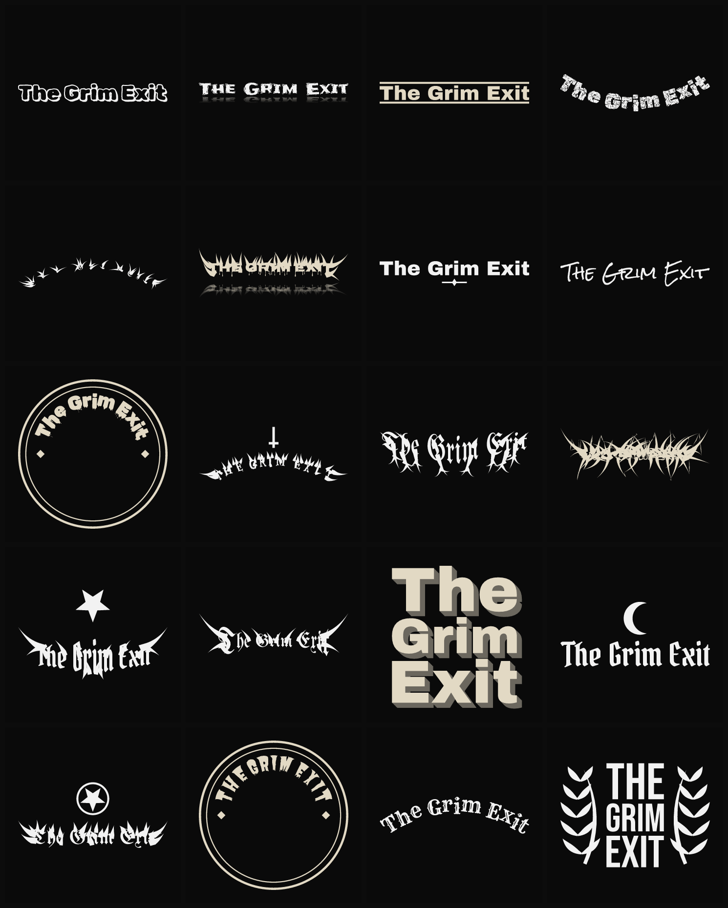 Twenty The Grim Exit band logo ideas — different faces, treatments and spike settings