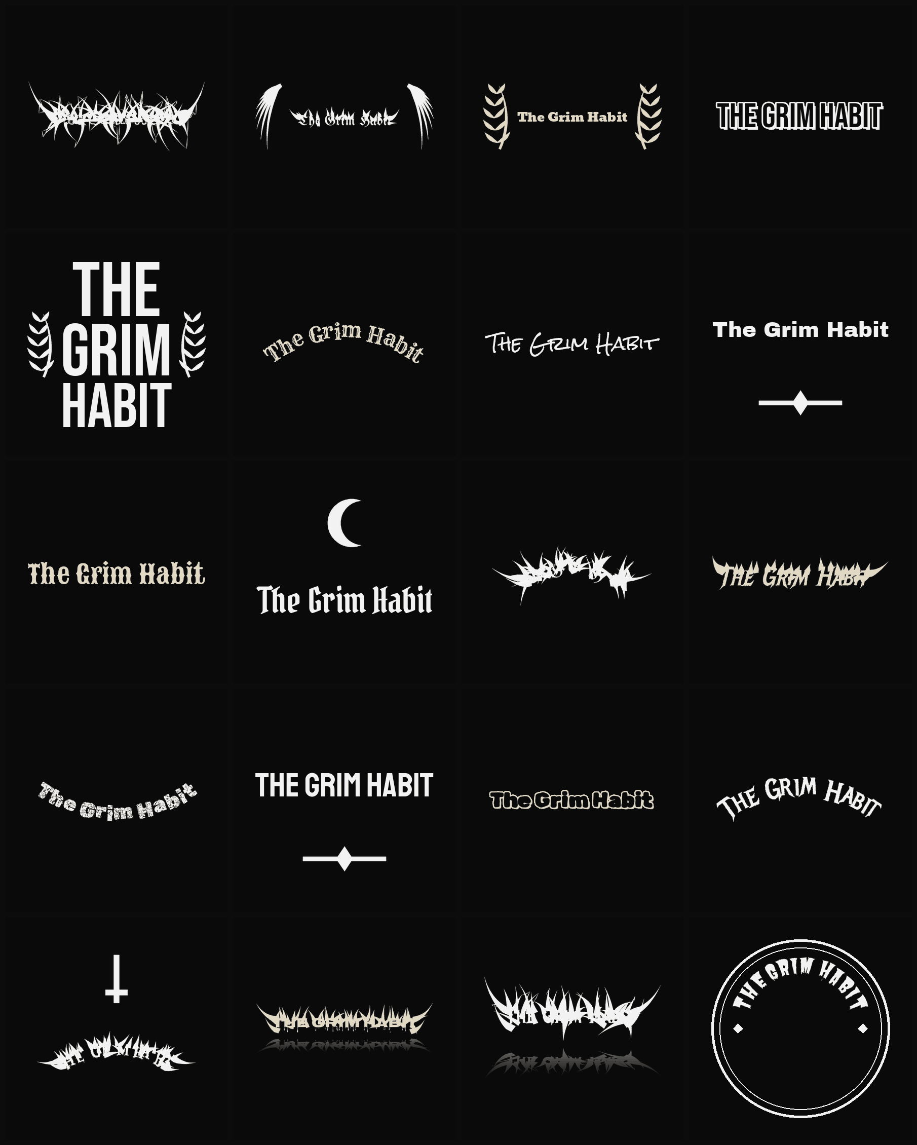 Twenty The Grim Habit band logo ideas — different faces, treatments and spike settings